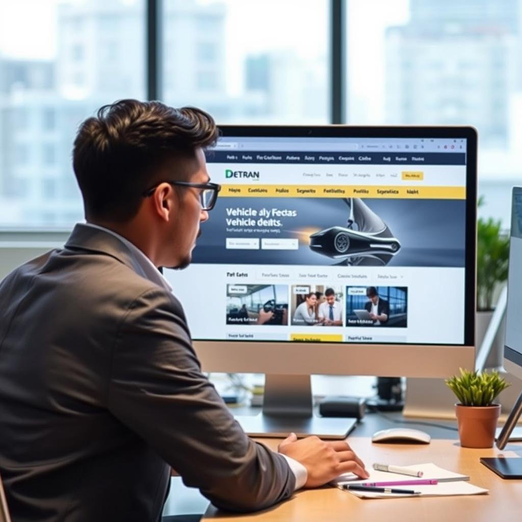 A professional office setting showcasing a sleek computer screen displaying the Detran Goiás website. In the foreground, a focused individual in smart casual attire is studying the screen intently, gazing at the digital interface that features vehicle debt inquiries. In the middle, the workspace is filled with modern office elements like a potted plant and neat stationery. The background includes subtle hints of urban architecture through a window, with soft, natural daylight illuminating the scene to create a calm and productive atmosphere. The mood is one of efficiency and modern connectivity. The image captures the essence of online convenience for checking vehicle debts in Goiás, emphasizing clarity and professionalism without any text or branding elements.