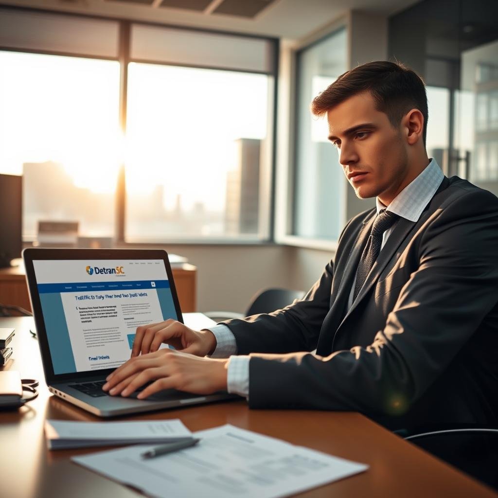 A professional office setting where an individual, dressed in smart casual attire, is seated at a desk, focused on a laptop displaying the Detran SC website. The foreground features a clutter-free desk with a few documents related to traffic fines and legal forms. In the middle ground, a large window allows natural light to flood the room, illuminating the person’s concentrated expression. In the background, a cityscape can be faintly seen, emphasizing the bureaucratic environment. The atmosphere is serious yet hopeful, conveying the determination to resolve traffic debts. The lighting is warm and inviting, suggesting productivity and positivity in facing challenges related to fines and debts. The angle is slightly above eye level, capturing the person's engagement with the task at hand.