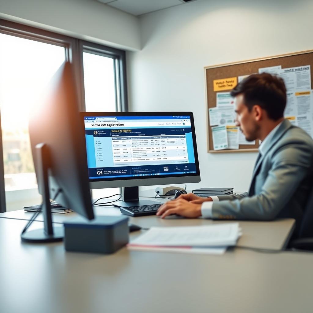 A professional office setting with a clean and minimalistic design, featuring a well-organized desk with a computer displaying a vibrant interface of a vehicle registration website. In the foreground, a focused individual in smart business attire is seen typing on the keyboard, analyzing vehicle debt information. The middle ground shows a large window with soft natural light streaming in, illuminating documents related to traffic fines. In the background, a bulletin board filled with important notices and regulations about vehicle registrations hangs on the wall. The atmosphere conveys diligence and a sense of order, highlighting the theme of checking vehicle debts and fines. Soft focus on the background enhances the professional tone.