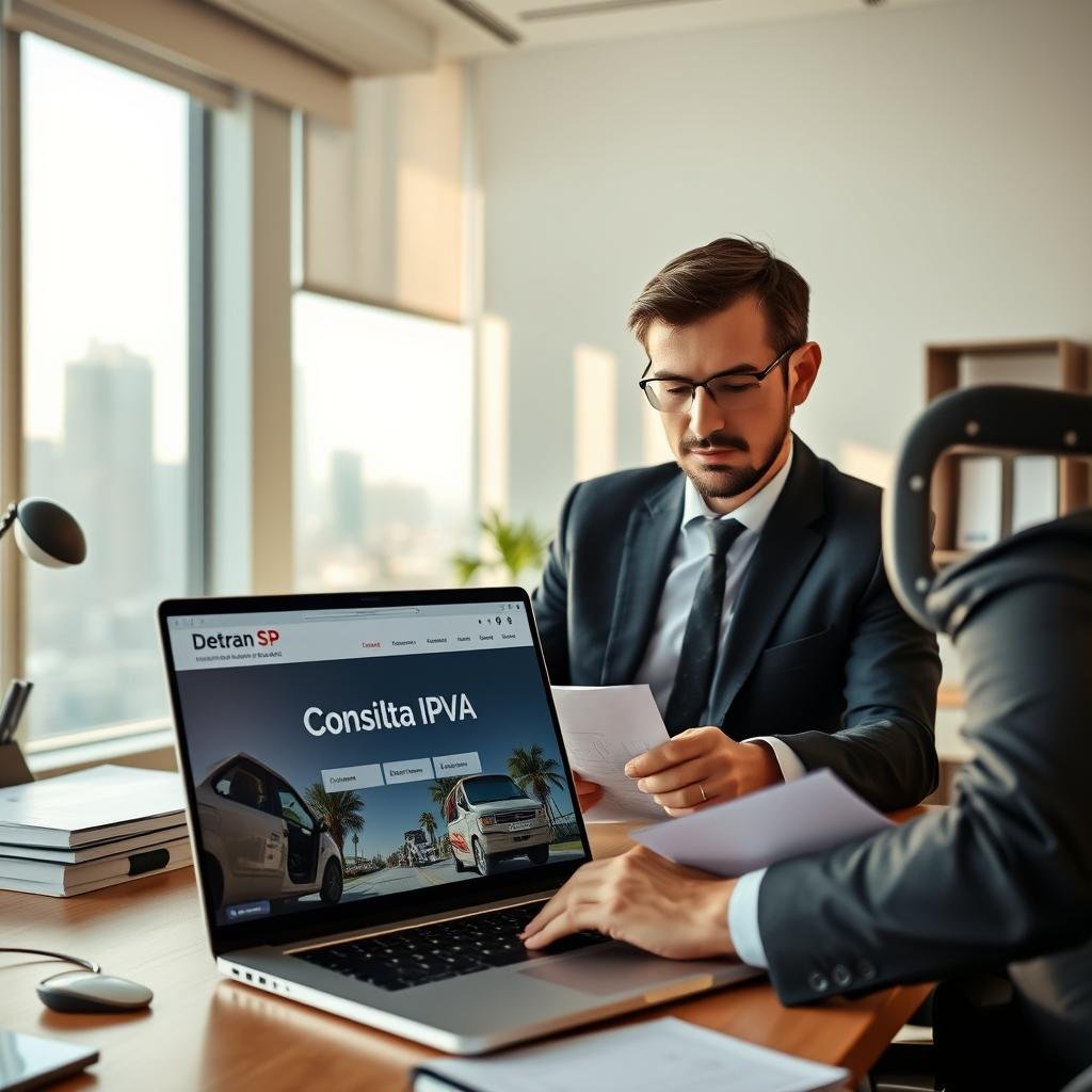 A professional office setting with a well-organized desk featuring a laptop open to the Detran SP website displaying "Consulta IPVA." In the foreground, a business professional in smart attire, such as a suit, studies vehicle documents with a focused expression. The middle-ground includes a window showing a city skyline bathed in soft morning light, casting natural shadows across the room. The background is filled with minimalist office decor, emphasizing productivity and organization. The atmosphere is serious yet approachable, highlighting the importance of vehicle consultation in making informed business decisions. Use warm and inviting colors to create a welcoming environment. The angle should be slightly above eye level, framing the professional and the digital interface prominently.