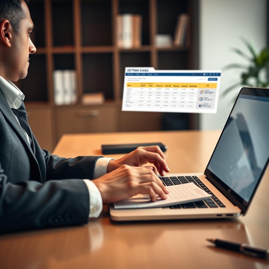 A professional person, dressed in smart business attire, sits at a sleek desk with a laptop open, displaying a webpage for vehicle plate registration checks. The foreground features focused hands typing on the keyboard, with a notepad and pen ready for notes. In the middle, the laptop screen shows the Detran Goiás website interface, with graphs and text outlining fines and fees in a clear format. The background includes a softly lit office environment with bookshelves and a plant, creating a calm and efficient atmosphere. The lighting is warm and inviting, suggesting a productive work process, captured from a slightly angled perspective that emphasizes the person's engagement with the task.