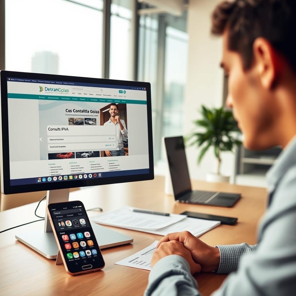 A professional setting depicting a computer screen displaying the Detran Goiás website with the "Consulta IPVA" interface open. In the foreground, a focused individual in business attire is intently examining the screen, highlighting the process of checking vehicle information. In the middle, office elements like a modern desk, paperwork related to vehicle registration, and a smartphone displaying communication icons emphasize practicality. The background showcases a clean, well-lit office environment, with subtle hints of a cityscape through a large window, symbolizing connectivity. Warm, natural lighting creates an approachable atmosphere, while a shallow depth of field draws attention to the screen and the user, conveying a sense of urgency and clarity in obtaining financial vehicle information.