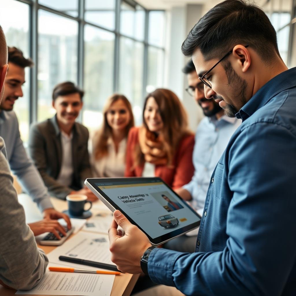 A professional setting depicting a group of diverse individuals, including both men and women of various ethnicities, engaged in a collaborative atmosphere. In the foreground, one person is examining a digital tablet displaying Detran SP's website, highlighting the advantages of clearing vehicle debts. The middle ground features a table with documents, calculators, and coffee cups, suggesting a financial consultation. The background shows a modern office environment with large windows allowing natural light to flood in, contributing to a warm and inviting mood. Use a wide-angle lens to capture the sense of teamwork and focus, emphasizing the importance of regularizing debts in a constructive, professional context. The lighting is bright yet soft, creating an optimistic atmosphere. No text or graphics should be included.