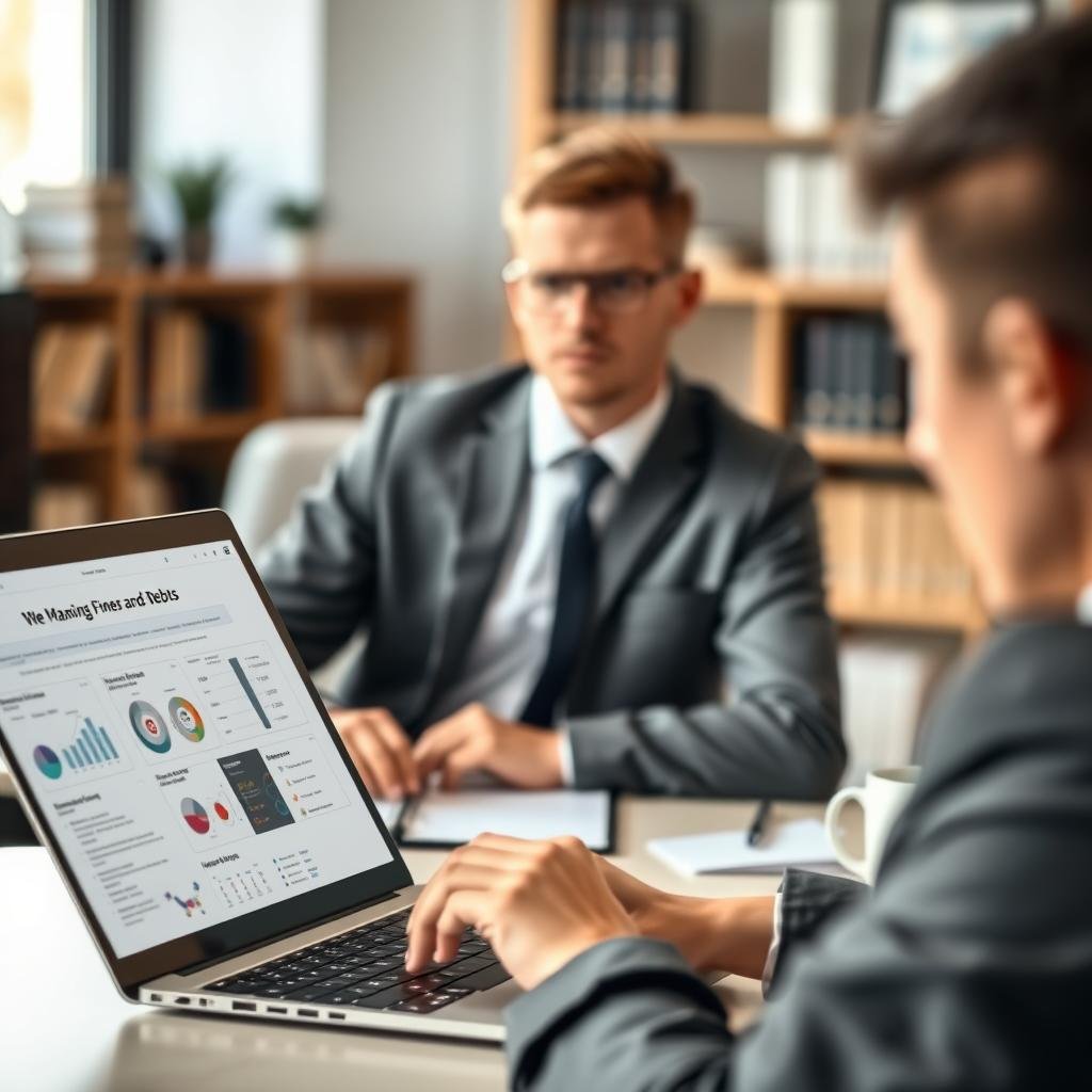 A professional setting depicting a person in business attire sitting at a desk with a laptop open, intently researching information about vehicle fines and debts. In the foreground, a close-up of the laptop screen shows a detailed webpage featuring charts and infographics about managing fines. In the middle ground, the individual is portrayed with a focused expression, surrounded by office items like a notepad and a cup of coffee. The background softly blurs to reveal a modern office space with bookshelves and a window letting in warm, natural light, creating a calm and contemplative atmosphere. The overall mood is serious yet hopeful, reflecting the quest for clarity and resolution regarding financial obligations.