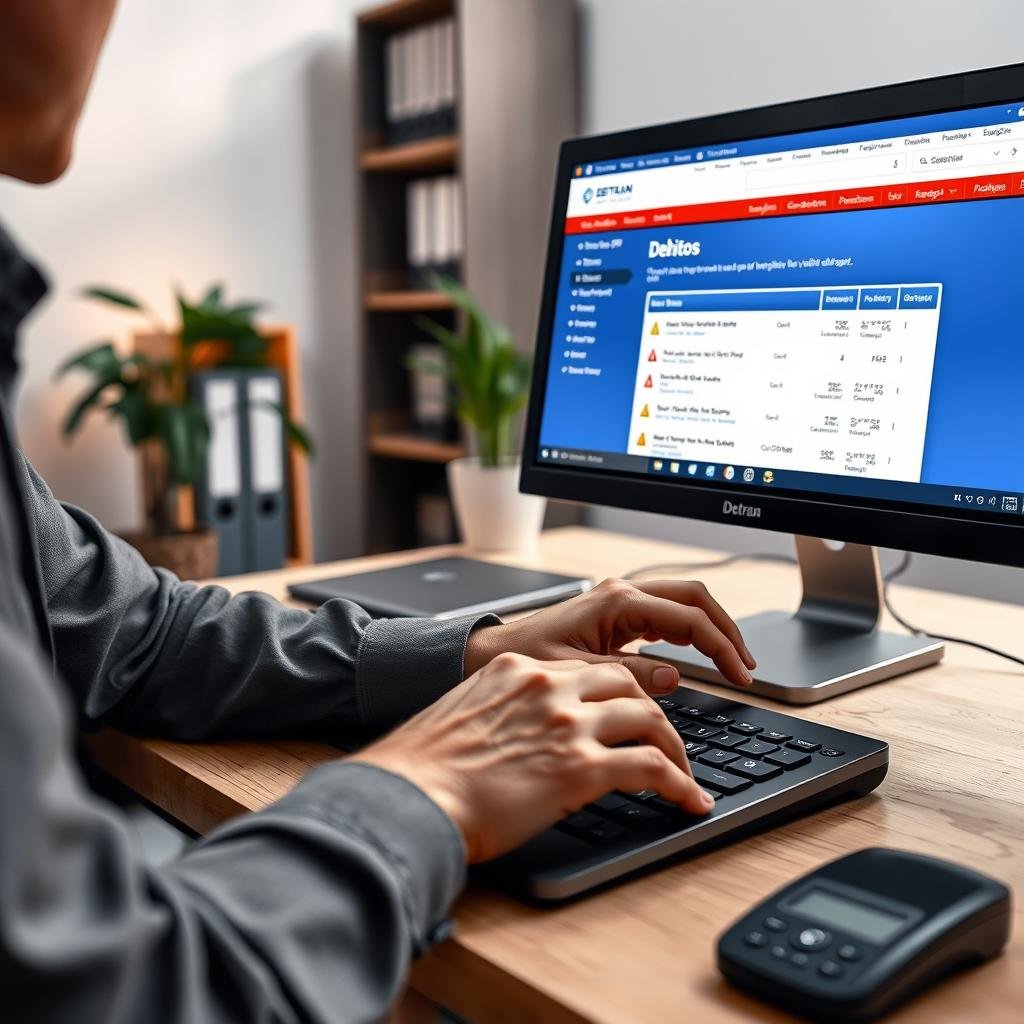 A professional setting depicting a person in business casual attire sitting at a desk, engaging with a computer displaying a Detran SP website interface. The foreground features a close-up of the user's hands on the keyboard, focusing on a cursor hovering over the "Consultar Débitos" button. The middle ground shows the computer screen illuminated with a vibrant interface, showcasing various sections for checking vehicle debts with highlighted errors represented as warning icons. In the background, soft lighting creates a calm atmosphere, with bookshelves filled with legal documents and a plant adding a touch of greenery. The overall mood is focused and informative, ideal for conveying the theme of common mistakes when consulting debt information.