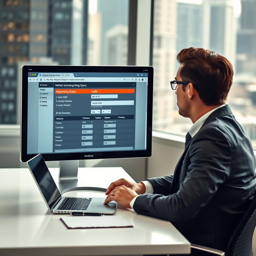A professional setting depicting a person sitting at a modern desk, focused on a computer screen displaying a vehicle licensing query interface. The foreground features a clean desk with a laptop, a notepad, and a pen. In the middle, the individual, dressed in smart casual attire, is intently reviewing the details on the screen, showcasing important vehicle information like registration status and licensing details, symbolizing careful scrutiny to avoid fraud. The background has a blurred image of a cityscape visible through a window, conveying a sense of focus and urban professionalism. Soft, natural lighting from the window enhances the mood of diligence and vigilance while maintaining a clean and organized workspace atmosphere.