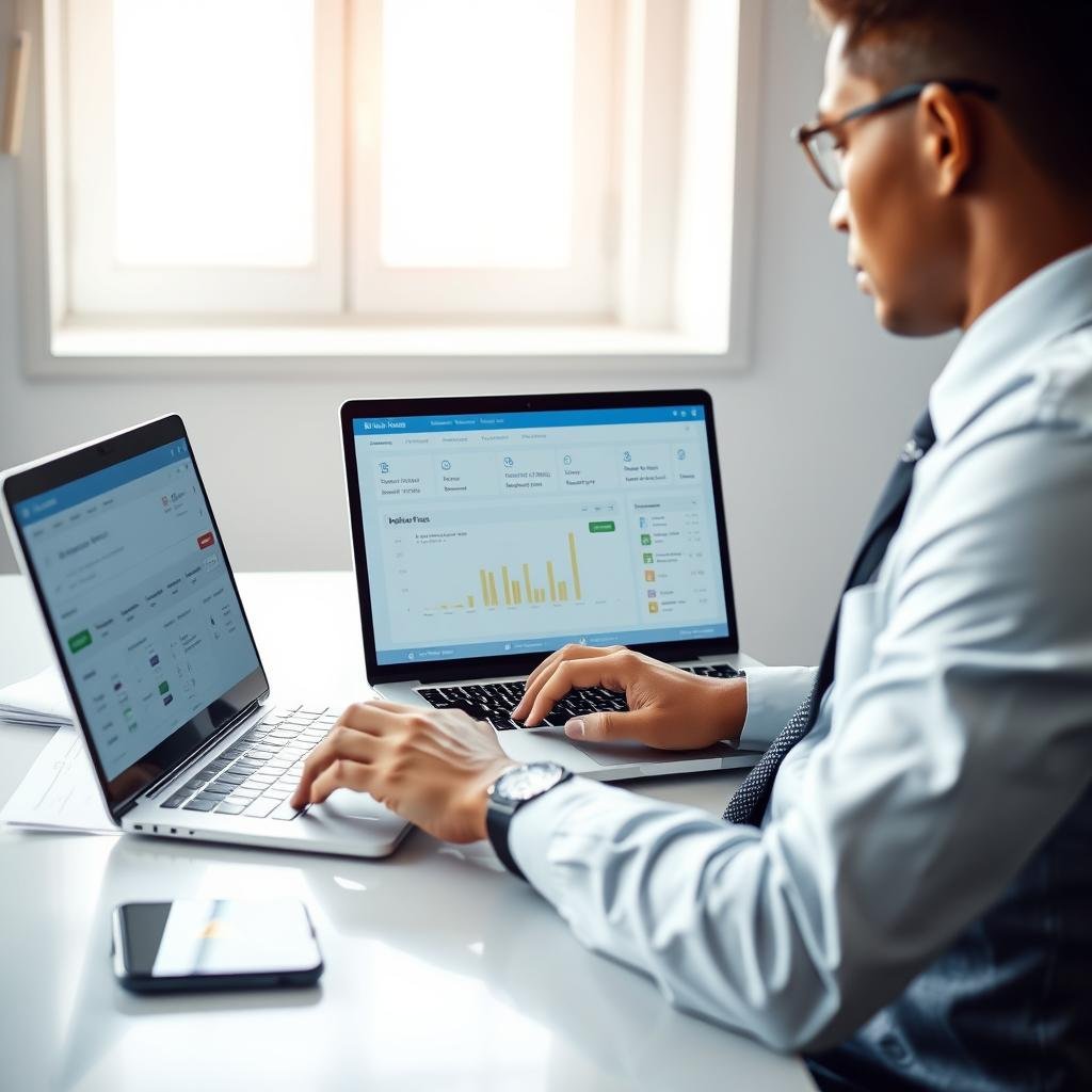 A professional setting featuring a well-dressed individual sitting at a modern desk, intently using a laptop to check vehicle fines. The foreground includes the laptop screen displaying a user-friendly interface for checking vehicle debts, with graphs and notifications visible. In the middle ground, the desk should have neatly organized documents, and a smartphone with a warning icon could indicate the importance of staying informed about fines. The background depicts a bright window with soft natural light streaming in, creating a warm and productive atmosphere. The color palette is calming with shades of blue and white. The mood is focused and proactive, reflecting the benefits of being informed about vehicle fines.