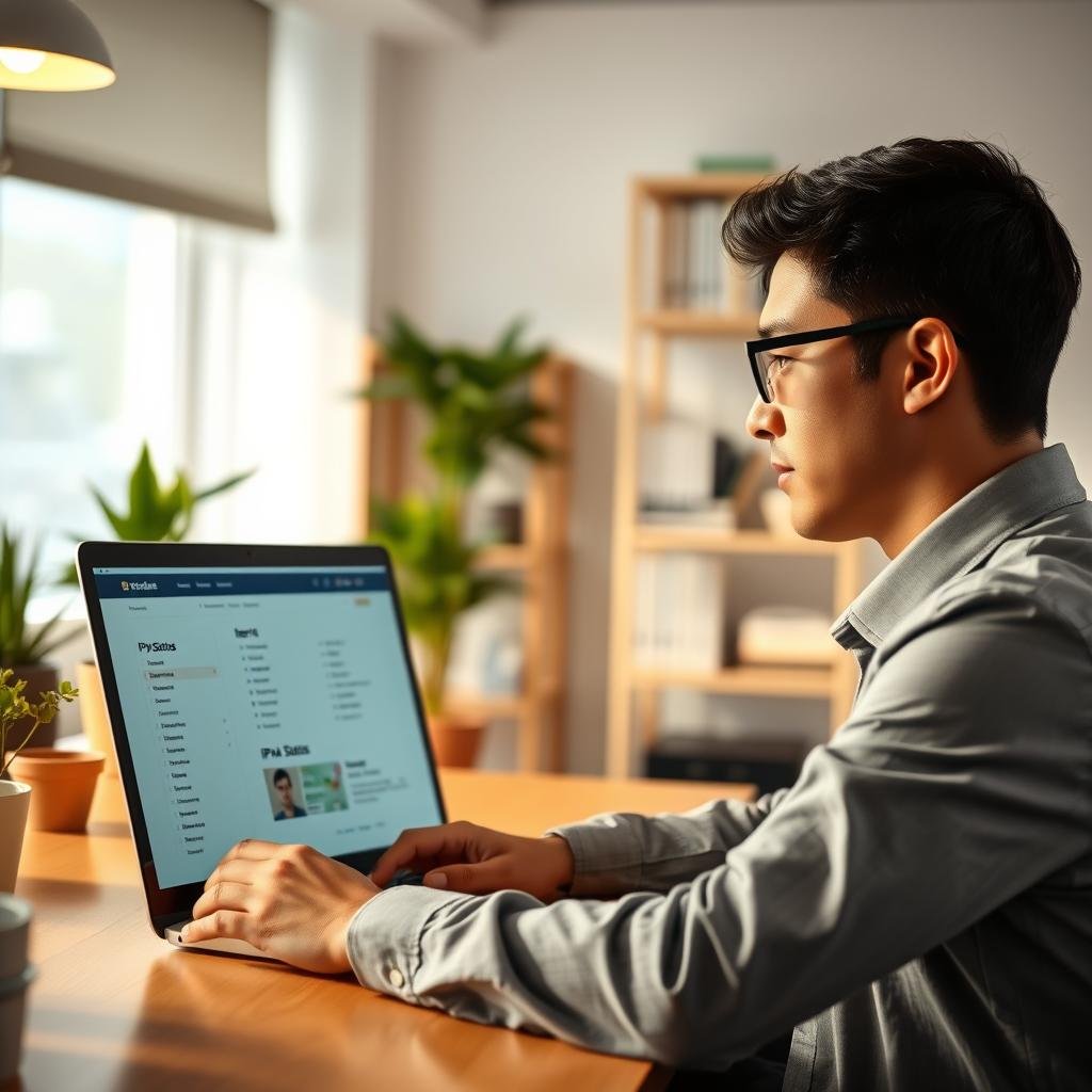 A professional setting illustrating a person using a laptop at an office desk, focused on checking the IPVA vehicle status online. The foreground features the person, dressed in business casual attire, with a thoughtful expression, reflecting a modern office environment. The middle layer includes the open laptop screen displaying a user-friendly website interface, showing the search for IPVA status. The background captures a softly lit office with potted plants and a shelf filled with books, promoting a sense of organization and tranquility. The lighting is warm and inviting, suggesting a productive atmosphere while maintaining clarity. The perspective is slightly angled to emphasize the laptop screen’s content, ensuring the image conveys a sense of diligence and efficiency in managing vehicle registration tasks.