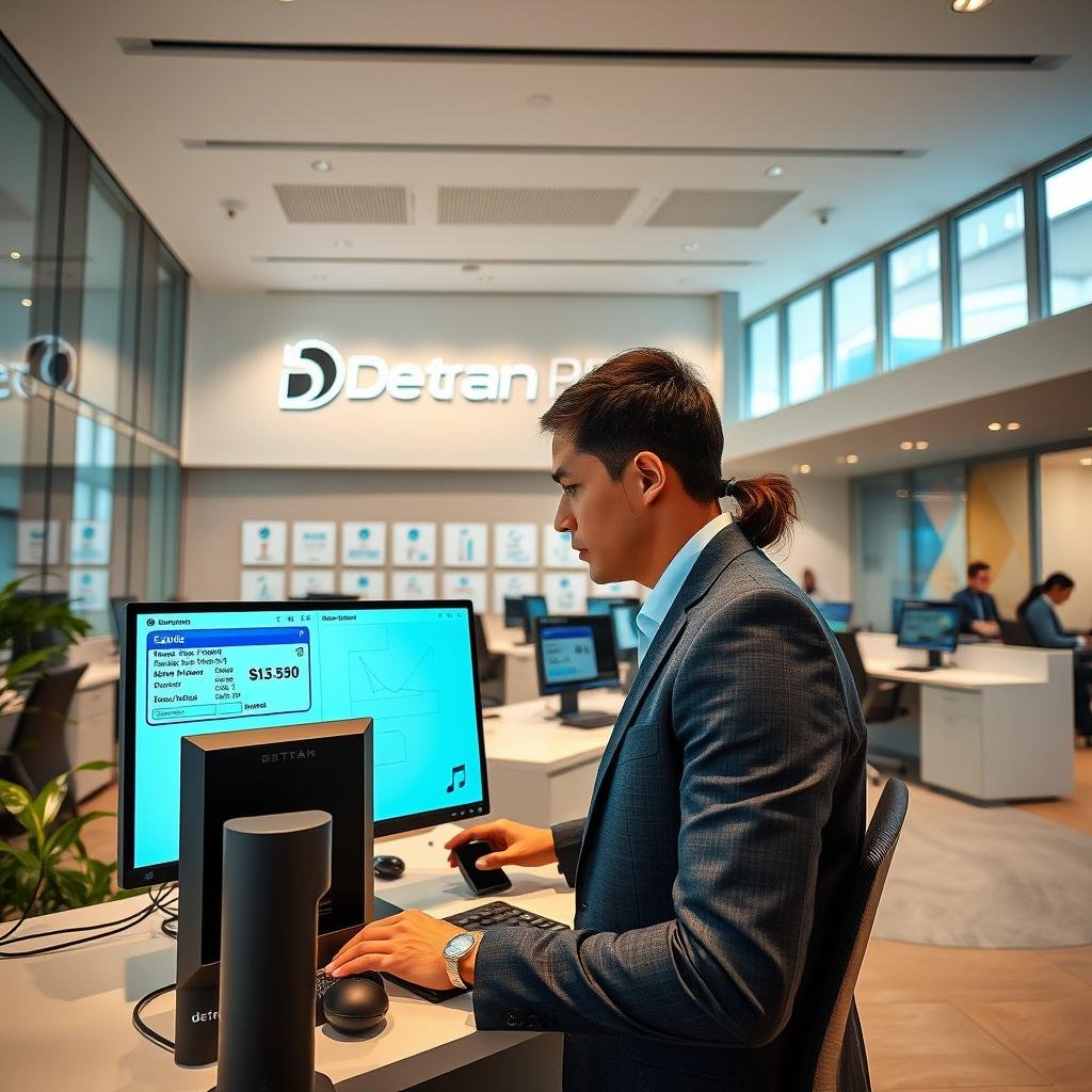 A professional setting showcasing a modern Detran PB office environment. In the foreground, a focused employee in business attire is interacting with a computer screen displaying a vehicle plate verification process. In the middle ground, sleek desks and digital displays show a range of vehicle services offered. The background features the Detran PB logo prominently on the wall, with a bright and welcoming atmosphere filled with natural light streaming through large windows. The scene conveys a sense of efficiency and professionalism, with soft, warm lighting enhancing the inviting mood. The angle is slightly above eye-level, offering a comprehensive view of the office's operational flow while maintaining a clutter-free, polished environment.