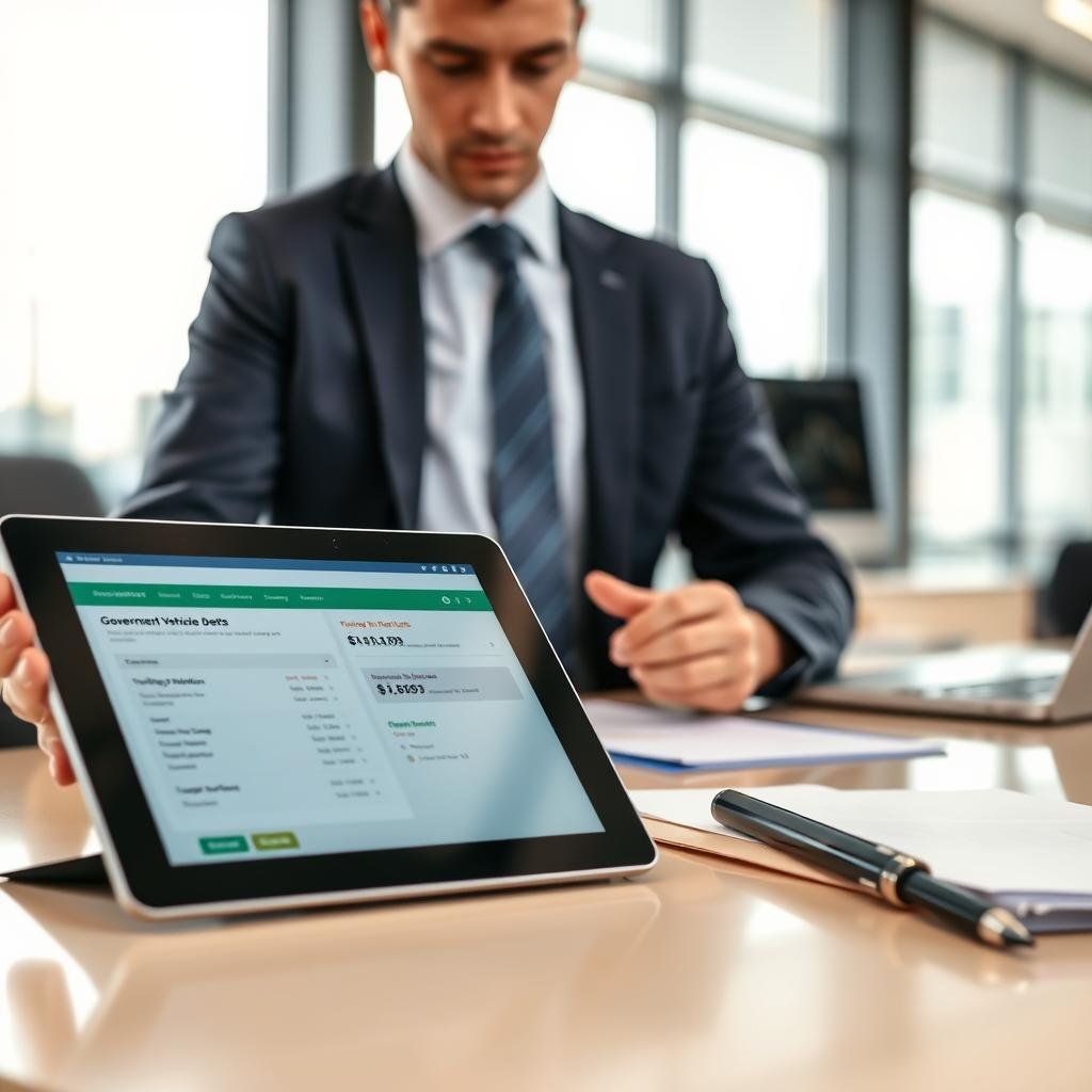 A professional setting showcasing a smartly dressed person in a business suit, attentively examining a digital tablet with vehicle registration details. The foreground features a close-up of the tablet screen displaying a clear interface of a government vehicle debt consultation website. In the middle, the person is seated at a sleek office desk, surrounded by neatly arranged documents and a laptop. The background includes a modern office with large windows, allowing natural light to filter in, creating a bright and focused atmosphere. The overall mood conveys diligence and professionalism, emphasizing the importance of verifying vehicle debts responsibly and efficiently.