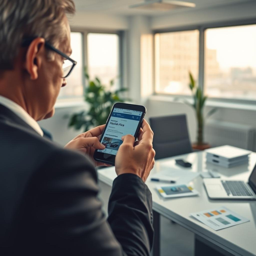 A professional, well-lit office scene focused on a person using a smartphone to consult vehicle fines online. In the foreground, a sharply dressed individual, a middle-aged person, is intently looking at the smartphone screen, showcasing a vehicle registration app interface. In the middle ground, a sleek desk cluttered with vehicle-related documents and a laptop sits, implying a tech-savvy environment. The background features a large window with natural light pouring in, creating an inviting atmosphere. A potted plant adds a touch of greenery, contributing to the professional feel. The image should have soft, warm lighting that evokes a sense of ease and efficiency, shot from a slightly elevated angle to capture the user's expression and the smartphone display clearly.