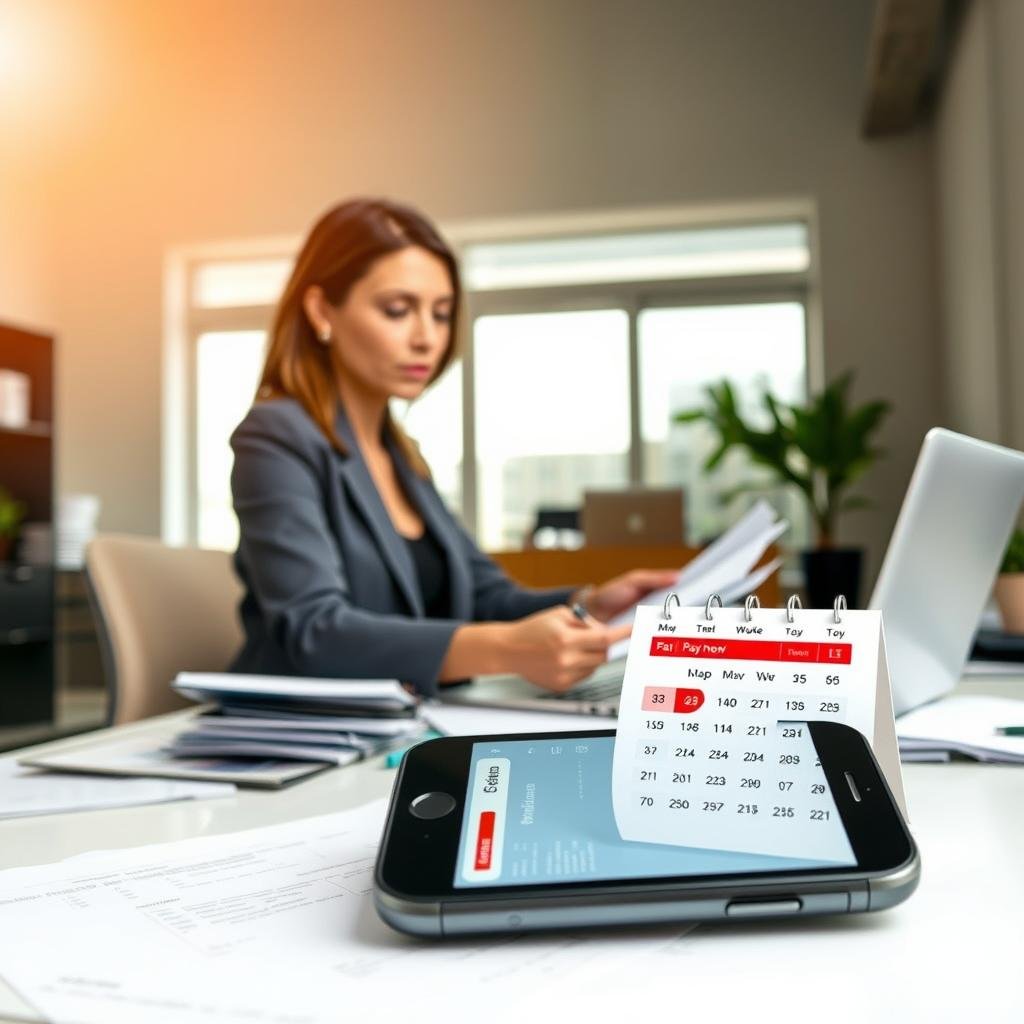 A professional woman in business attire, sitting at a modern desk cluttered with paperwork and a laptop, focused on reviewing financial documents. In the foreground, a smartphone displays a payment app interface with a "pay now" button highlighted. The middle ground features a calendar marked with payment due dates and reminders. The background shows a large window with natural daylight streaming in, illuminating the room in a warm, inviting tone. The atmosphere is one of diligence and optimism, depicting a sense of responsibility in managing one's finances. The scene should convey the idea of effective debt management and organization without any text or distractions.