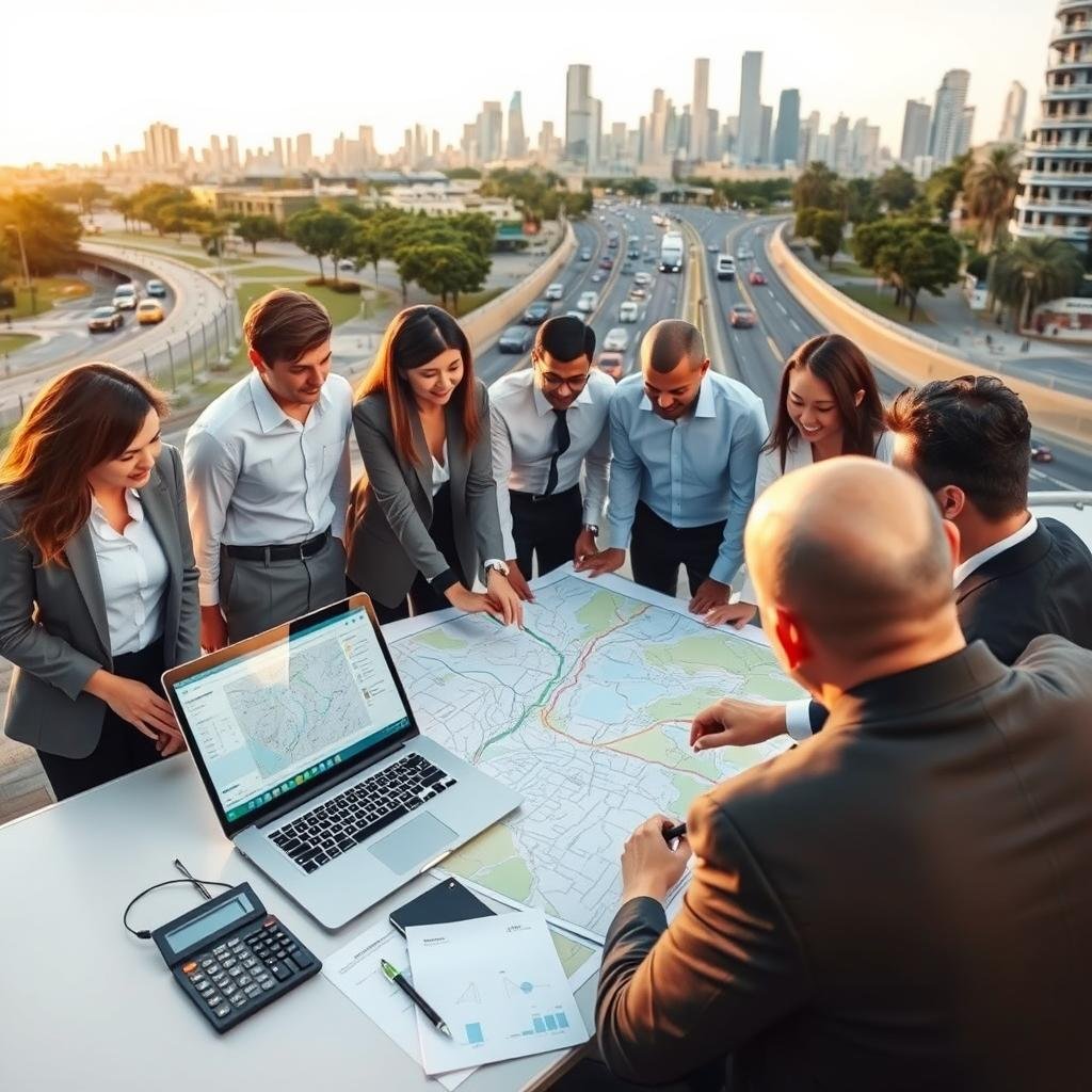 A scenic outdoor workspace depicting a team of professionals collaborating on route planning to avoid traffic fines. In the foreground, a diverse group of individuals in professional business attire huddles around a large map laid out on a table, pointing at various routes and discussing strategies. The middle ground features a laptop displaying a digital map and planning software, while analytical tools like a calculator and a notebook are scattered across the table. In the background, a vibrant city skyline is visible, with busy streets and vehicles adhering to traffic rules. The lighting is warm and inviting, suggesting a late afternoon, creating a productive atmosphere. The composition is dynamic, focusing on teamwork and strategic planning for safe travel.