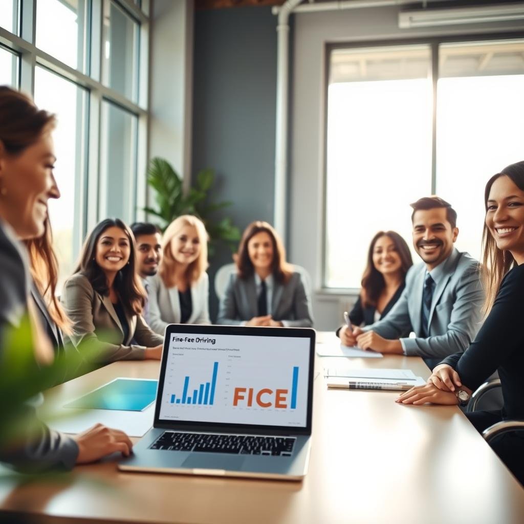 A serene and inviting office environment, emphasizing tranquility and success through the absence of fines. In the foreground, a professional, diverse group of individuals dressed in business attire, smiling and engaged in a collaborative meeting. The middle layer features a bright, modern conference table with documents and a laptop showcasing graphs illustrating positive outcomes of fine-free driving. The background reveals large windows with sunlight streaming in, adding warmth and a sense of clarity. Soft, natural lighting enhances the optimistic atmosphere, while a slight focus blur on the background emphasizes the foreground subjects. The overall mood is uplifting, conveying professionalism and the benefits of adhering to regulations without penalties.