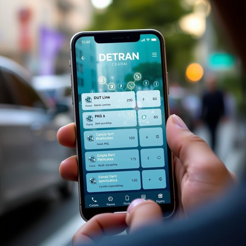 A sleek and modern smartphone displaying the "DETRAN Ceará" app interface, showcasing various payment options for vehicle debts. The foreground features an individual's hands, dressed in professional attire, holding the phone attentively while examining the app. In the middle, an abstract representation of digital financial transactions is visualized through glowing icons and currency symbols, indicating ease of access and efficiency in managing debts online. The background portrays a blurred cityscape, suggesting a bustling urban environment. Soft, natural lighting highlights the phone's screen, creating a digital-friendly atmosphere. The overall mood is one of convenience and innovation in financial management.