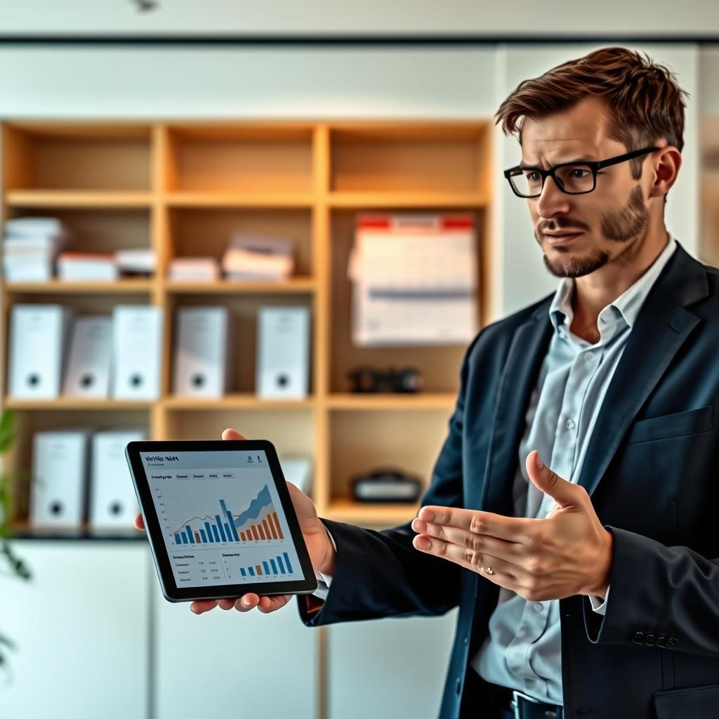 A sleek, modern office environment showcasing a professional consultation about vehicle debts. In the foreground, a well-dressed consultant, wearing a crisp suit, gestures towards a digital tablet displaying graphs and statistics related to vehicle debts from Detran SC 2022. The middle ground features a large window with soft, natural light filtering in, creating an inviting atmosphere. In the background, blurred shelves lined with vehicle registration materials, Detran documents, and a calendar highlighting recent regulatory updates hint at the complex nature of vehicle debt management. The mood is focused and professional, with a sense of urgency reflected in the consultant's expression, emphasizing the importance of staying informed about changes in regulations. The image captures an informative and engaging moment of professional advice in a contemporary setting.