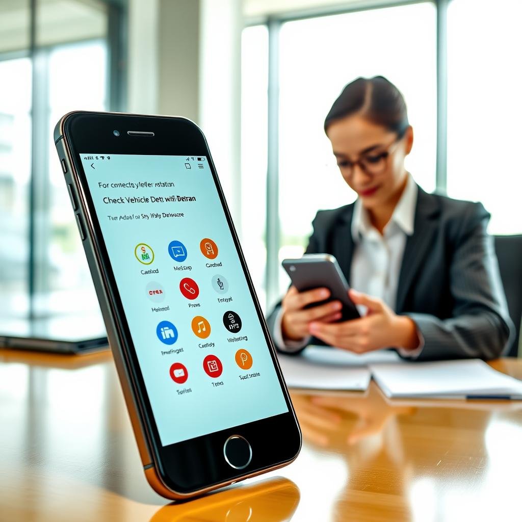A smartphone displaying an application interface for checking vehicle debt with Detran, featuring clear buttons and vibrant icons related to IPVA. In the foreground, a person dressed in professional business attire is interacting with the phone, showing an engaged expression as they navigate the app. The middle ground includes a well-lit, modern office environment with a polished desk and a few documents scattered, hinting at administrative work. The background features a soft-focus of a large window allowing natural light to filter in, creating a bright and welcoming atmosphere. The image conveys a sense of efficiency and professionalism, highlighting the integration of technology in managing vehicle documentation.