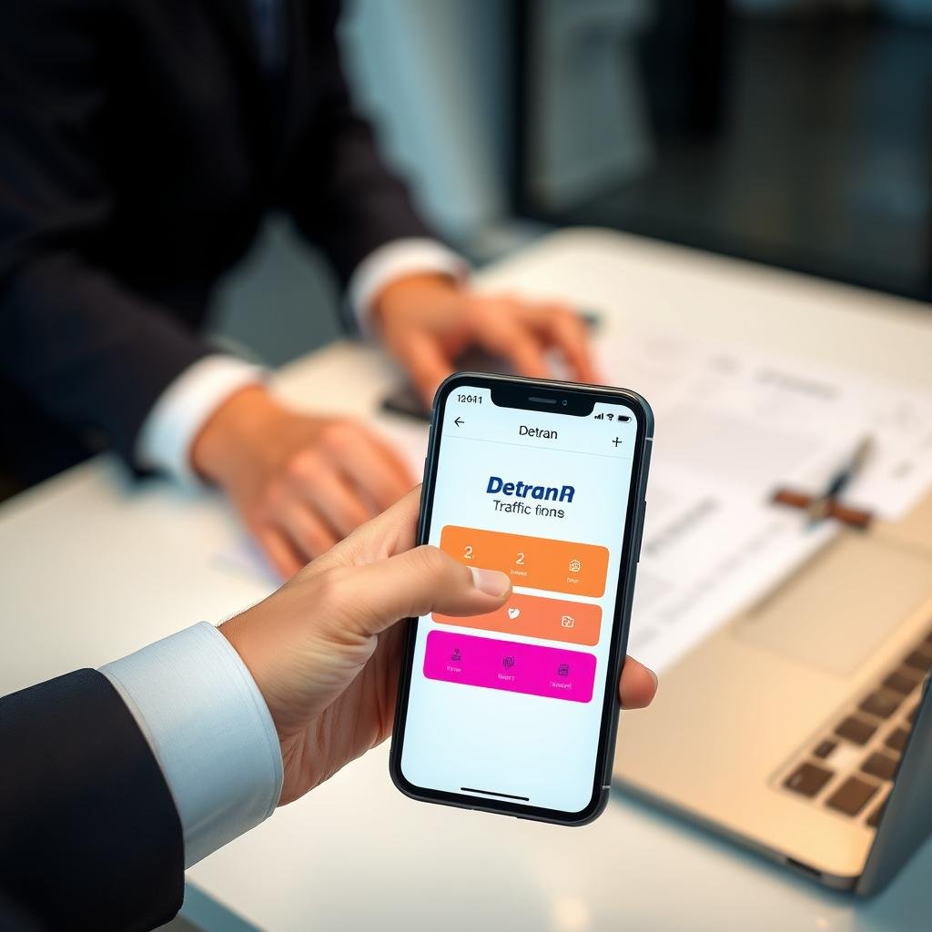 A smartphone displaying the Detran PB app interface, showcasing a clean and user-friendly design with vibrant colors. In the foreground, the phone is held by a professional-looking individual in smart casual attire, with fingers poised to tap the screen. The background features a blurred view of a modern office setting with soft lighting, hinting at a productive atmosphere. Include a laptop and paperwork subtly positioned on the desk, enhancing the context of traffic and legal discussions. Ensure the scene conveys clarity and efficiency, reflecting the convenience of using technology for checking traffic fines. The overall mood should be focused and informative, emphasizing the ease of accessing important information through the app.