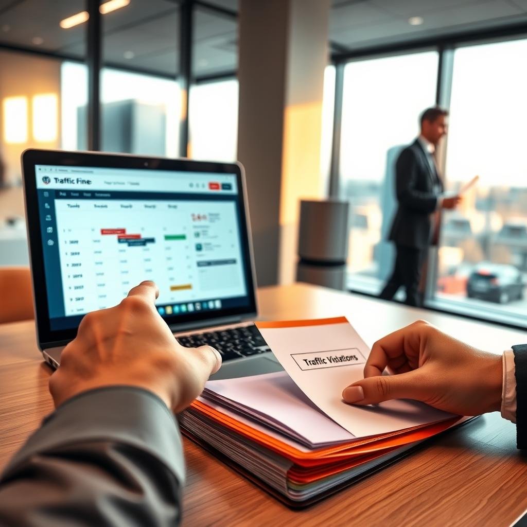A soft-focused office interior, featuring a modern desk with a laptop open displaying a digital dashboard for traffic fines. In the foreground, a pair of hands in professional business attire are pointing at a calendar marked with important dates for payment deadlines. In the middle, a close-up of a well-organized, colorful folder labeled 'Traffic Violations' filled with documents. In the background, a large window lets in warm, natural light, highlighting a scenic urban view. The overall mood is one of urgency and attention to detail, emphasizing the importance of timely payment for traffic fines, while maintaining a professional atmosphere. No text or logos included.