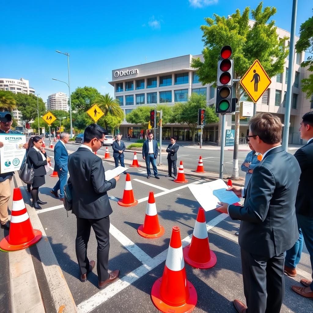 A vibrant city street scene focused on road safety, showcasing a well-organized traffic simulation environment typical of the Detran in São Paulo. In the foreground, a diverse group of individuals, dressed in professional business attire, are engaged in a traffic safety workshop, studying informational materials and road signs. In the middle ground, marked lanes and traffic signals illustrate proper driving practices, while safety cones and barriers are strategically placed. The background features a clear blue sky, with a modern Detran building prominently displayed. Soft, natural lighting casts gentle shadows, creating a positive and educational atmosphere. The overall mood is one of community engagement and commitment to road safety, emphasizing the importance of traffic regulations.