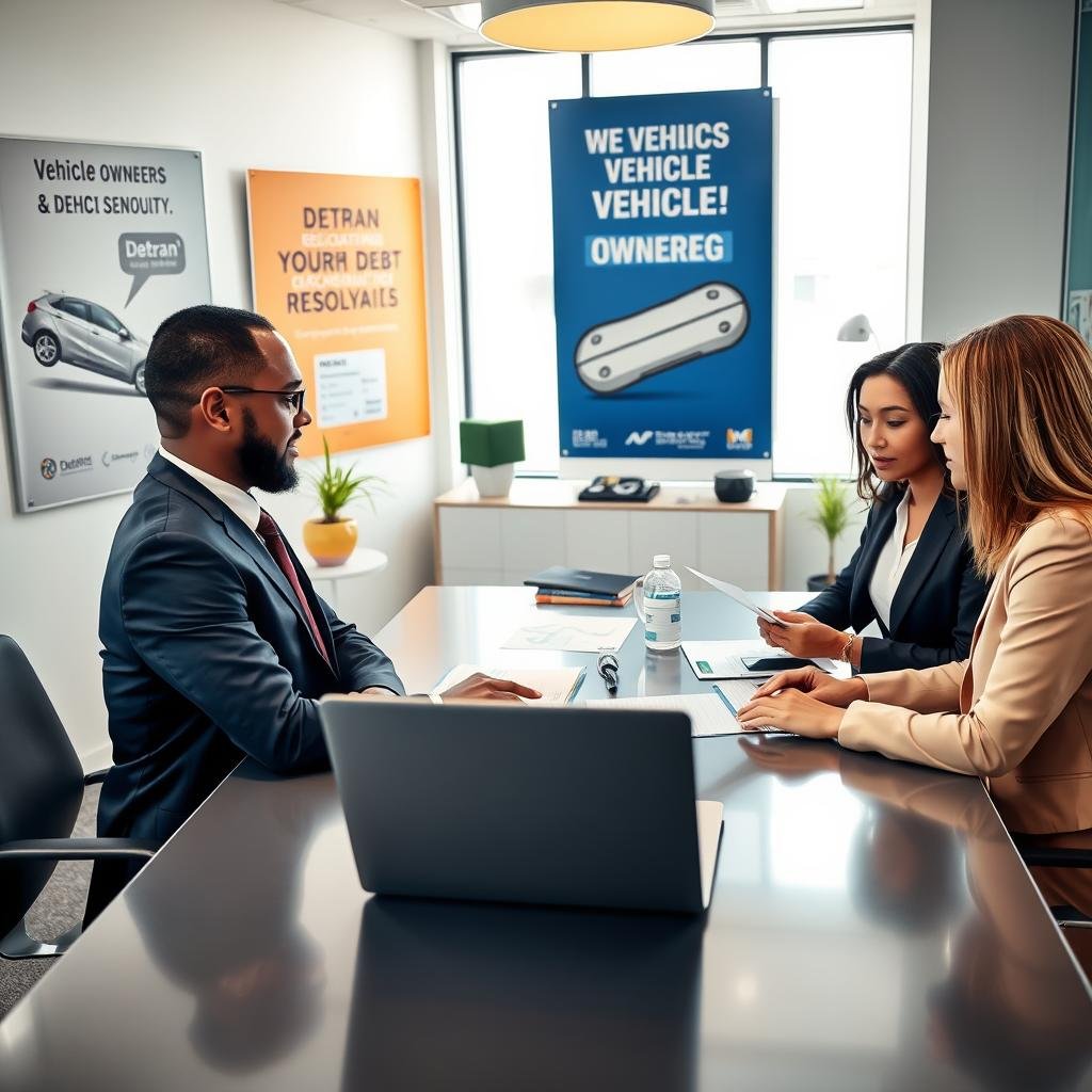 A vibrant office scene depicting a professional consultation about vehicle registration and debt regularization. In the foreground, a diverse group of three individuals in professional business attire are engaged in a discussion at a sleek table, with papers and digital devices in front of them. One person is pointing to a laptop screen showing a webpage related to Detran services, while another is taking notes. The middle ground features a well-organized office with motivational posters about vehicle ownership and responsibility on the walls. In the background, large windows allow natural light to fill the space, creating a warm and inviting atmosphere. The mood conveys a sense of community and support, emphasizing teamwork and collaboration in resolving issues. The angle is slightly elevated, capturing the interaction and the organized environment together.