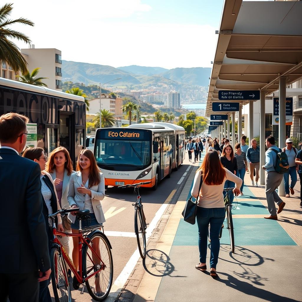 A vibrant urban scene depicting mobility in Santa Catarina, showcasing a bustling mix of modern public transport systems and bike lanes. In the foreground, a diverse group of professionals dressed in smart casual attire waits at a bus stop, with bicycles parked nearby. The middle ground features an eco-friendly electric bus and people walking, illustrating the emphasis on sustainable transportation. In the background, the scenic coastline of Santa Catarina can be seen with rolling hills and urban architecture blending seamlessly. The lighting is warm and inviting, reflecting a sunny day, with soft shadows adding depth. The perspective is slightly elevated, capturing the dynamic movement and vibrant atmosphere of urban mobility in this picturesque region.