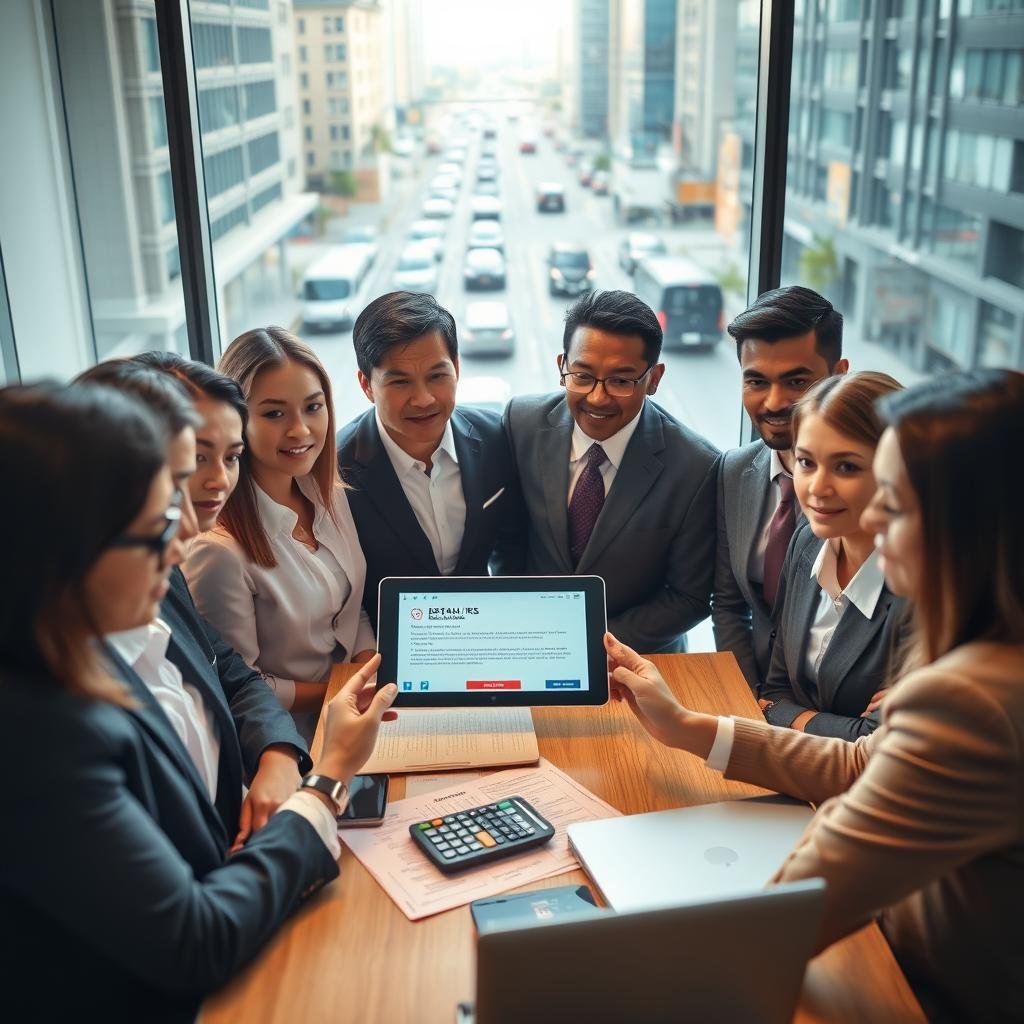 A visually compelling scene illustrating the importance of keeping traffic fines up to date. In the foreground, a diverse group of professionals dressed in smart business attire are gathered around a modern digital tablet displaying a traffic fine notification from DETRAN RS. Their expressions reflect concern and determination. In the middle ground, a neatly organized desk with traffic documents, a calculator, and a laptop, symbolizing the process of managing fines. In the background, a window showcasing a busy city street with vehicles, emphasizing urban life. Soft natural lighting cascades through the window, enhancing a serious yet hopeful atmosphere, captured from a slightly elevated angle to encompass both the professionals and the urban landscape.