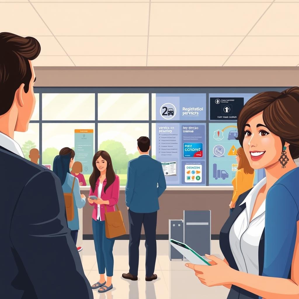 A visually engaging illustration depicting the various services offered by Detran Paraíba. In the foreground, a professional, friendly staff member in business attire assists a diverse group of customers, showcasing interactions related to vehicle registration and driver's license services. In the middle ground, a modern office space filled with informative brochures and digital displays related to traffic regulations, car inspections, and public transportation. The background features a large window revealing a sunny day outside, symbolizing transparency and accessibility. Soft, natural lighting illuminates the scene, creating an inviting and efficient atmosphere. Focus on clarity and professionalism to convey a trustworthy image of Detran Paraíba's services.