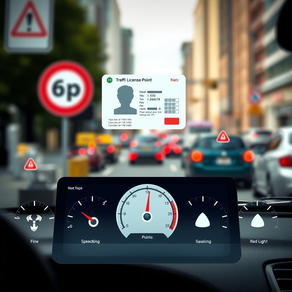 A visually striking conceptual illustration depicting the effects of traffic fines on driver’s license points. In the foreground, a digital dashboard showing a driver's license with the point system clearly marked, indicating a decrease in points due to recent fines. In the middle ground, a series of scale icons representing various types of violations (like speeding, parking, and running a red light) with red warning symbols, creating a sense of urgency. The background features a blurred cityscape with traffic signs and vehicles, capturing the atmosphere of a busy urban environment. The overall lighting is bright and professional, with a slight vignette effect to focus on the dashboard. The mood is serious yet informative, emphasizing consequences and awareness.