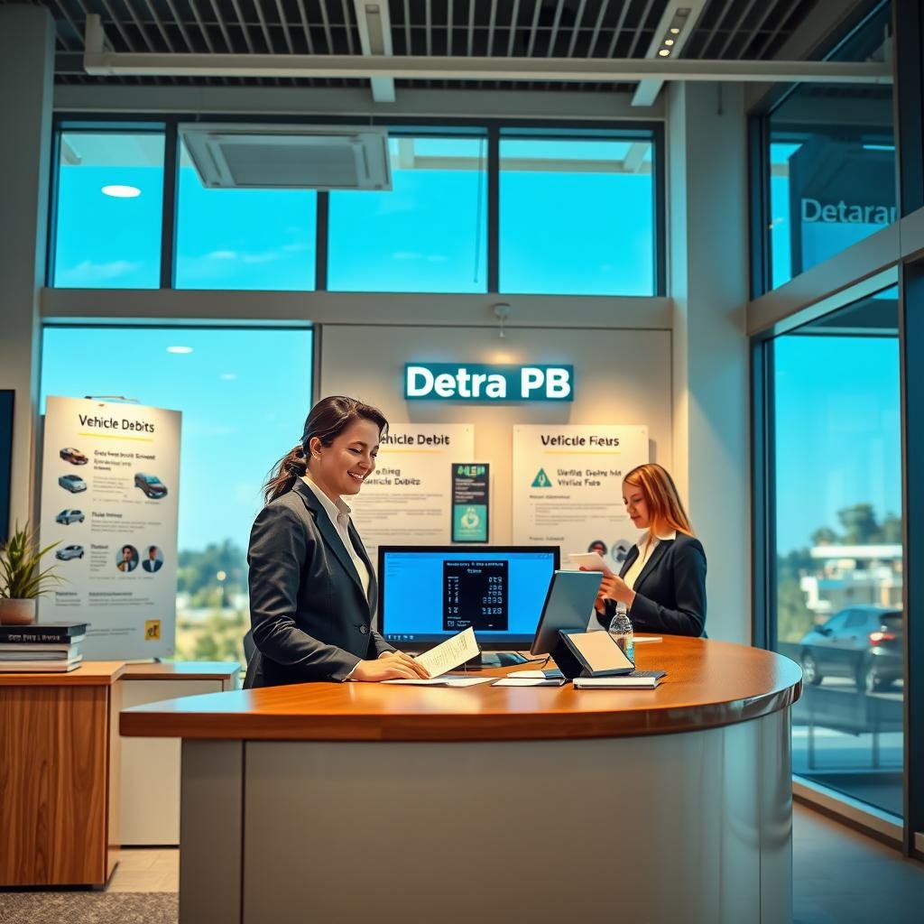 A visually striking scene depicting the Detran PB office, showcasing a welcoming and professional environment. In the foreground, a neatly organized reception desk with a friendly staff member dressed in professional business attire, assisting a customer who is reviewing documents related to vehicle debits. The middle ground features informational posters about vehicle fees and regulations, with a digital screen displaying relevant data. In the background, soft lighting enhances the warm atmosphere of the office, while large windows provide a view of a clear blue sky outside. The scene captures a sense of efficiency and clarity, inviting viewers to understand the process of calculating vehicle debits in a pleasant and approachable setting.