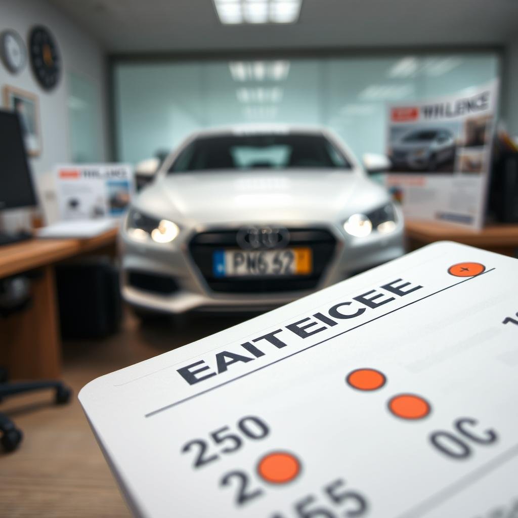 A visually striking scene featuring a close-up of a driver's license with multiple points marked on it, symbolizing penalties and fines. The foreground should showcase the driver's license prominently, with clear emphasis on the points highlighted in a contrasting color. In the middle ground, include a blurred illustration of a car with a clearly visible license plate, conveying the concept of traffic violations. The background should include an aesthetically pleasing bureaucratic office environment, with elements like a desk, computer, and informational brochures about traffic fines. Soft, diffused lighting should illuminate the scene, creating a serious yet informative atmosphere. The camera angle should be slightly above the driver's license, capturing the details effectively without any text or overlays.