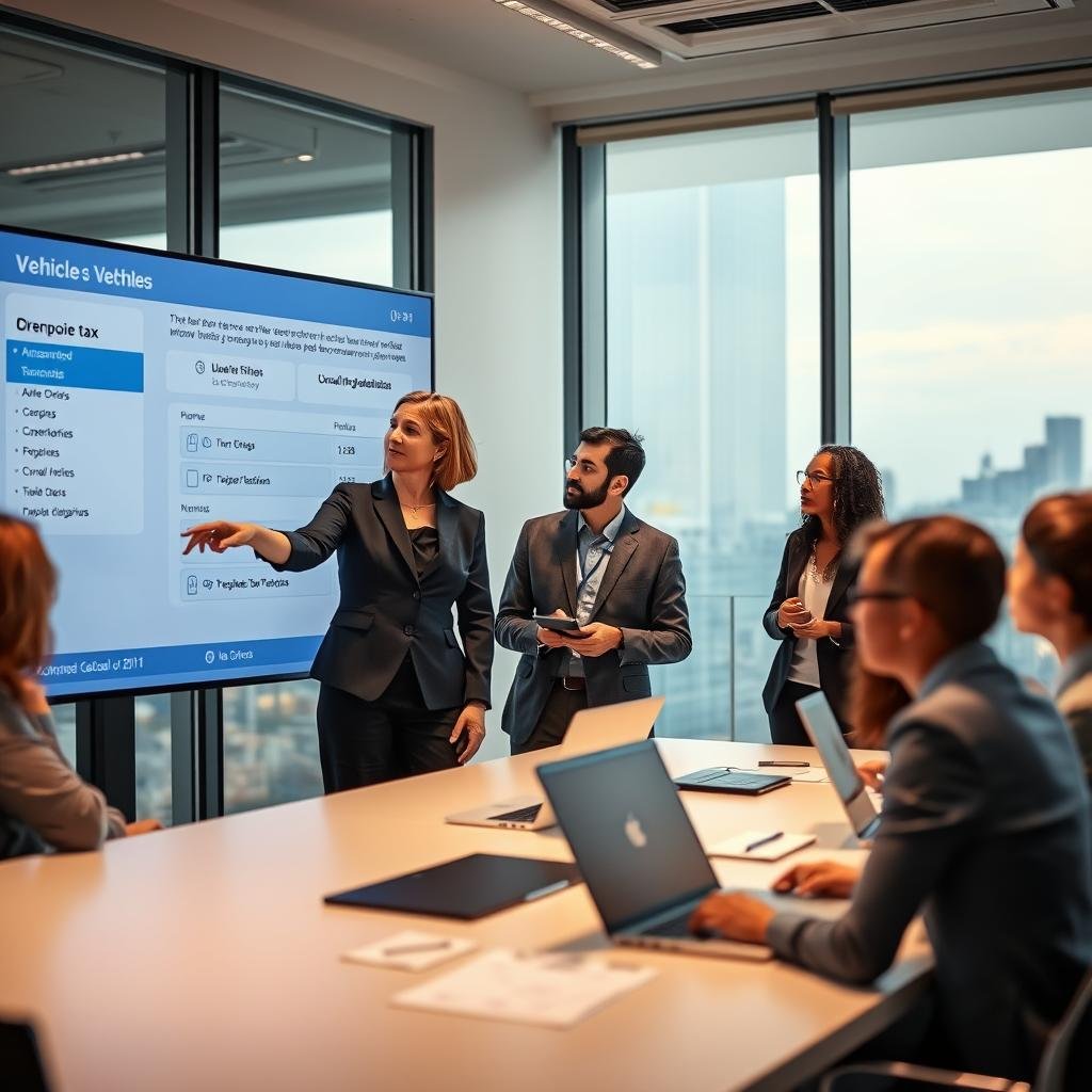 A well-lit office environment featuring a diverse group of professionals examining a large digital screen displaying a user-friendly interface for checking vehicle tax information (IPVA) in Brazil. In the foreground, a middle-aged woman in smart business attire is pointing at the screen, while a young man beside her takes notes. The middle ground includes a stylish conference table with laptops and charts related to vehicle regulations. The background shows a large window with a view of a cityscape, slightly blurred to draw focus to the team. The atmosphere is collaborative and focused, with warm lighting creating an inviting and productive mood, emphasizing the role of technology in managing and resolving vehicle tax issues.