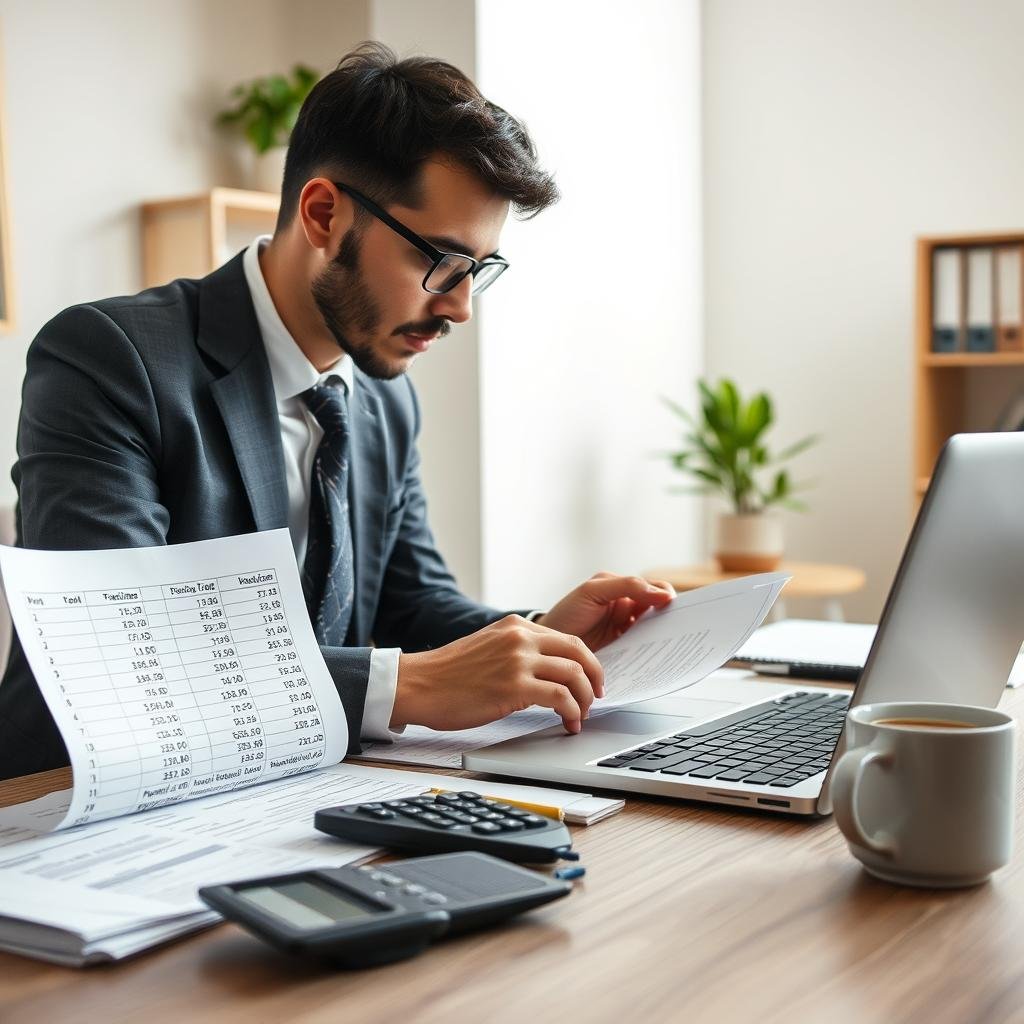 A well-organized office environment portraying the concept of IPVA debts. In the foreground, a professional dressed in business attire is intently examining financial documents and a laptop displaying a spreadsheet with numerical data related to vehicle taxes. In the middle, a clutter-free desk with a calculator, a notepad, and a coffee cup, emphasizes focus on financial organization. In the background, a calm and neutral-toned wall with shelves holding books and a plant, gives a serene atmosphere, suggesting the benefits of financial regularization. Soft, natural lighting filters in from a window, creating a warm and inviting ambiance. The mood is one of productivity and clarity, highlighting the importance of addressing debts and achieving financial peace.