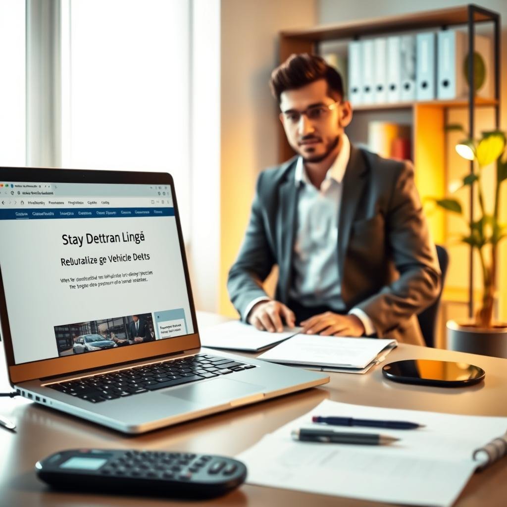 A well-organized office setting featuring a professional about to use a computer for online billing. In the foreground, display a neatly arranged desk with a laptop displaying the Detran Ceará website for regularizing vehicle debts. Include objects like a calculator, notepad, and a pen. In the middle ground, depict a person in smart casual attire, focused on the screen, portraying a sense of determination and clarity. The background should reveal a softly lit modern office with a bookshelf filled with organizational guides and a potted plant for a touch of greenery. Use warm, calming lighting to create an atmosphere of productivity and focus, emphasizing the importance of staying on top of vehicle debt management.