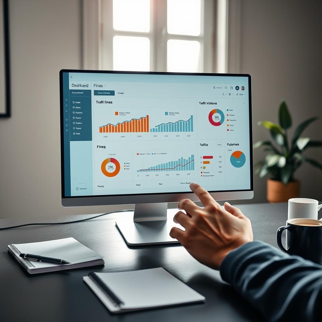 A well-organized workspace featuring a computer displaying a detailed digital dashboard of traffic violations, illustrated with graphs and pie charts that reflect the various types of fines and their amounts. In the foreground, a pair of hands navigate the touch screen, symbolizing the ease of checking fines. The middle ground contains a sleek desk with a notepad, a pen, and a coffee cup, suggesting a focused atmosphere for reviewing important information. The background displays a window with soft daylight filtering through, casting a gentle glow on the scene, evoking a sense of clarity and professionalism. The overall mood is informative and engaging, perfect for capturing updates related to traffic fines.