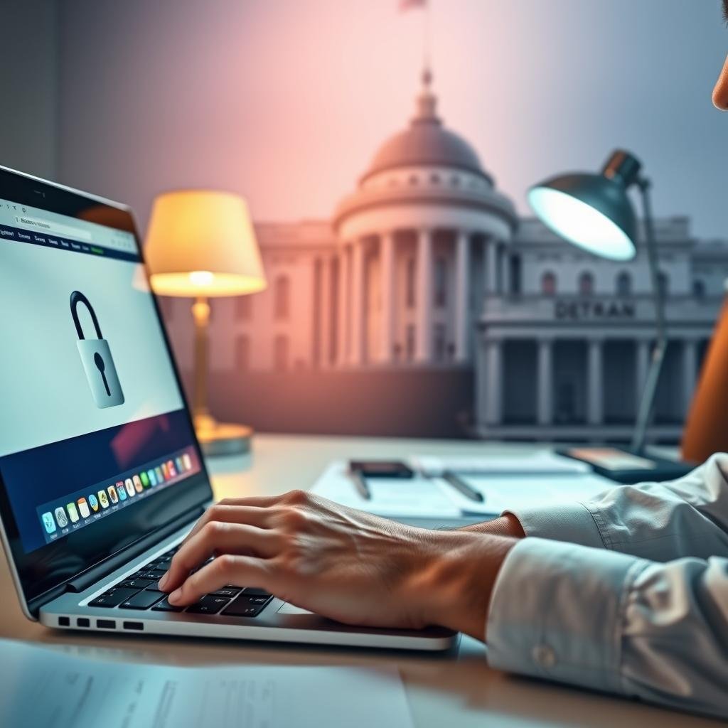 An attentive professional in business attire sits at a desk with a laptop open, showcasing a secure banking website, illuminated by soft, warm lighting. In the foreground, a hand is typing on the keyboard, with focus on a screen displaying a digital lock symbol for security, symbolizing protection against fraud. The middle layer features a well-organized desk with documents related to vehicle registration and identification, emphasized by a flickering desk lamp casting a focused light. In the background, a blurred image of a government building representing DETRAN is visible, framed by soft, cool colors to evoke a sense of authority. The overall atmosphere is one of vigilance and professionalism, suggesting the importance of safeguarding personal information against fraud.