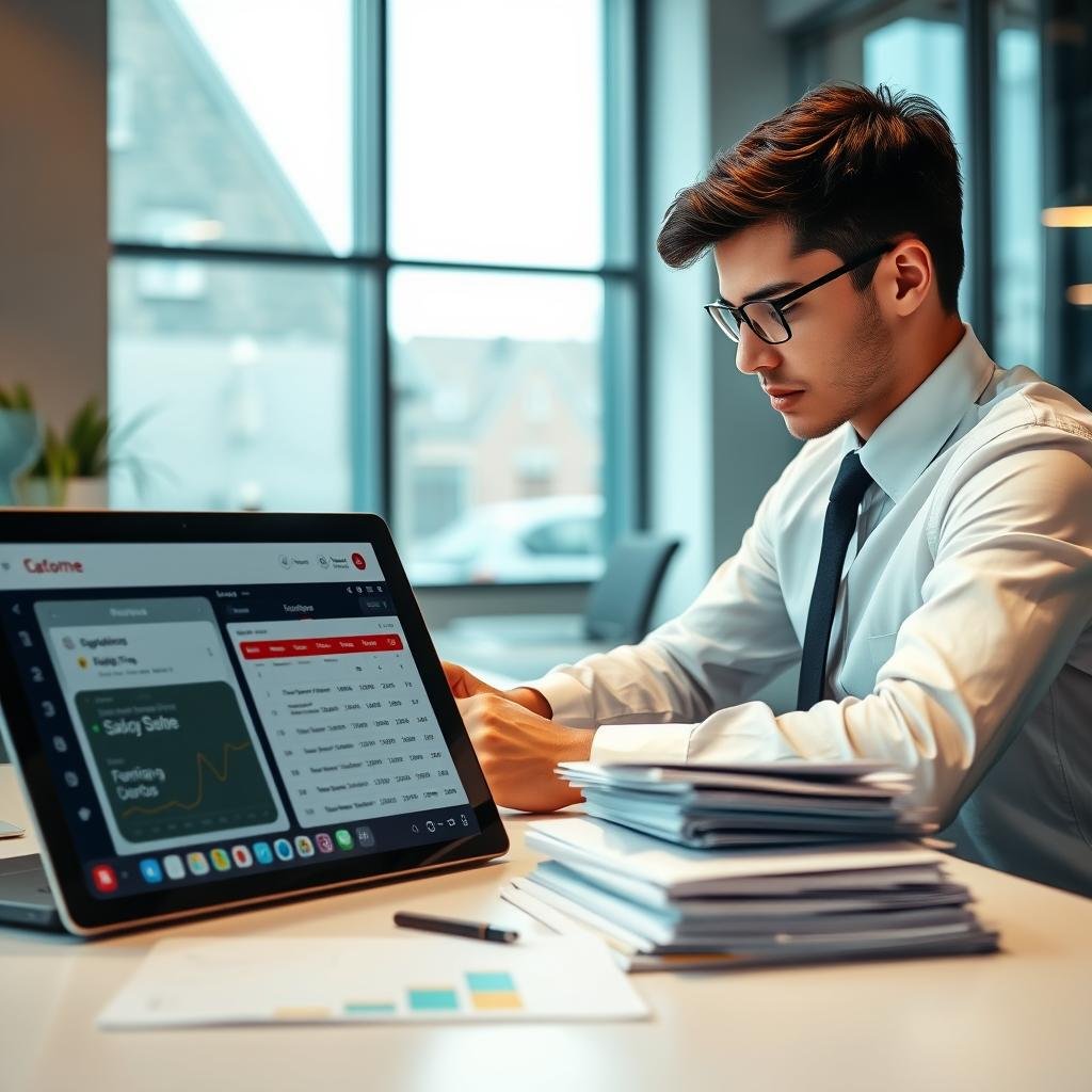 An office setting with a modern and sleek design, featuring a focused young driver in professional attire at a desk, examining a neatly organized stack of documents with images of vehicle registration and traffic fine notices. In the foreground, a laptop screen displays a graphical interface showing the status of pending debts, highlighted with alerts. The middle ground includes a detailed calendar marking significant deadlines, creating a sense of urgency. In the background, soft natural light streams through large windows, illuminating the space with an inviting atmosphere. The overall mood is one of determination and clarity, emphasizing the importance of staying informed about vehicle fines for new drivers.