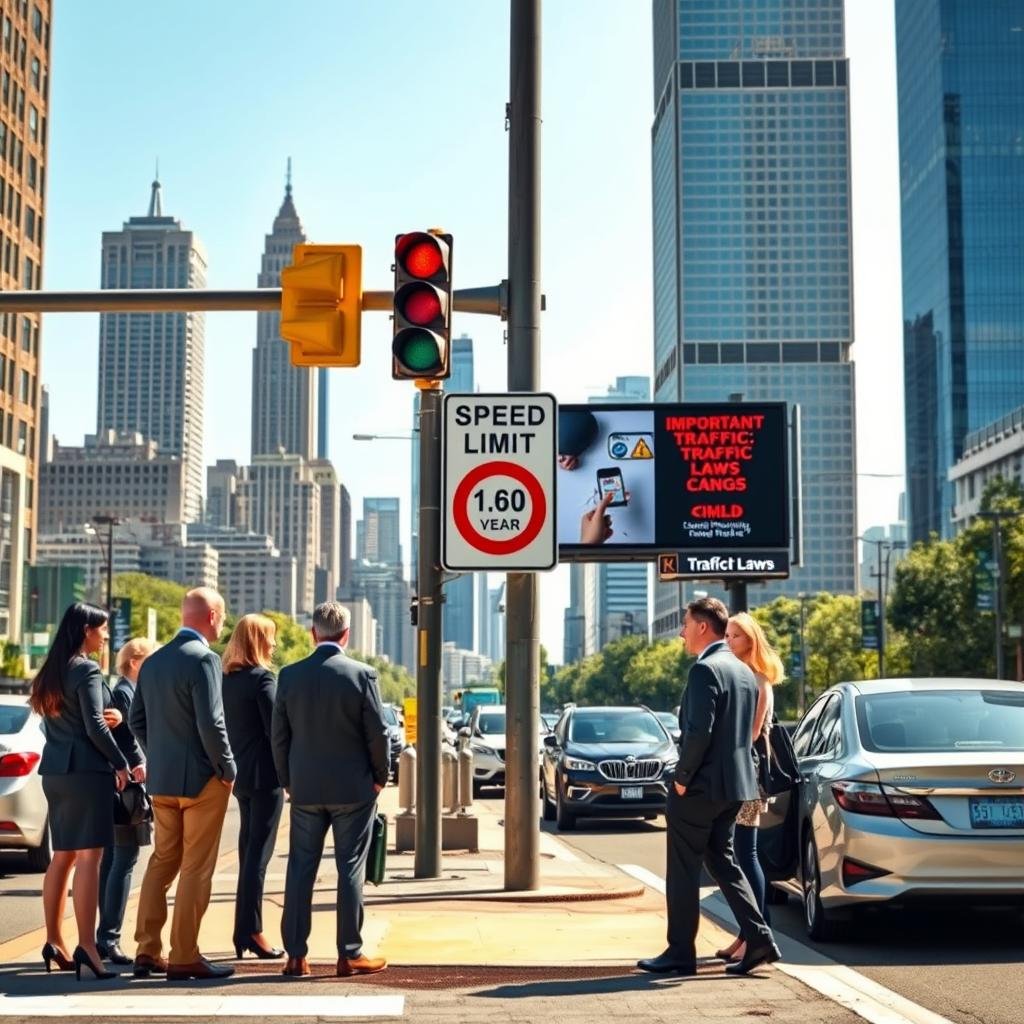 An urban street scene illustrating changes in traffic laws and fines. In the foreground, a diverse group of professionals in business attire discuss new traffic regulations near a modern traffic light. In the middle, a clear road sign indicating updated speed limits and penalties, with parked cars showcasing compliance. The background features a cityscape with skyscrapers, and a digital billboard displaying important traffic law announcements. The lighting is bright and sunny, creating a cheerful yet serious atmosphere. The angle is slightly elevated, capturing the bustling nature of the city while emphasizing the importance of traffic safety and compliance within the community.