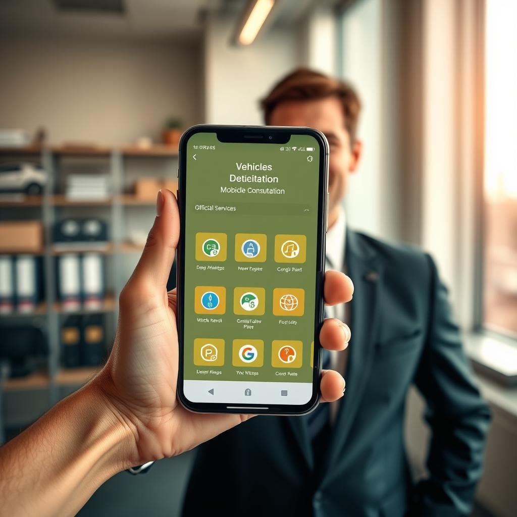 Create an image showcasing the official DETRAN RS mobile application interface on a smartphone, held by a professional individual in business attire. The foreground features the smartphone displaying vibrant icons and user-friendly navigation options related to vehicle consultation services. In the middle ground, depict a modern office setting with soft, natural lighting enhancing the professional atmosphere. The background should include subtle elements like shelves with vehicle documentation and a cityscape visible through a window, suggesting a connection to traffic and transport services. The overall mood should convey efficiency, reliability, and innovation, ideal for illustrating how to utilize the DETRAN RS application for vehicle services.