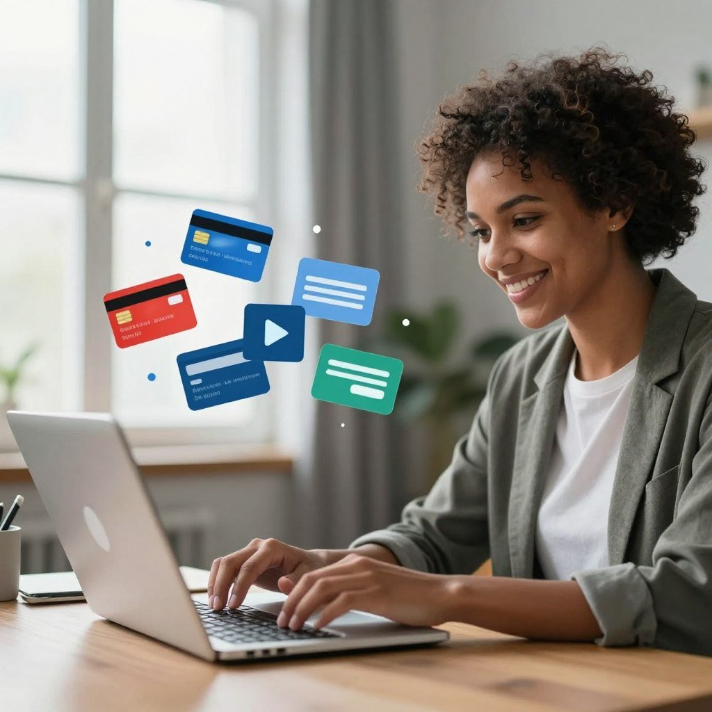 A balanced composition showcasing a secure online shopping experience. In the foreground, a professional-looking person of diverse background, dressed in smart casual attire, safely navigating an e-commerce website on a laptop with a satisfied expression. In the middle, an array of electronic payment symbols (like credit cards and virtual wallets) creatively integrated, symbolizing security. The background should feature a soft-focus, cozy home office with bright, natural light streaming through a window, complementing the warm gray color of the walls. The atmosphere is inviting and reassuring, emphasizing the importance of safe online transactions. The lens should have a slight depth of field to focus on the subject while subtly blurring the background.