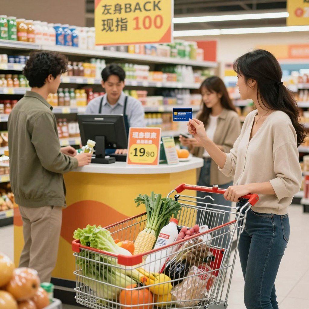 A bright and inviting supermarket scene showcasing a diverse group of shoppers engaged in purchasing groceries, with emphasis on a woman holding a credit card marked with a cashback symbol. In the foreground, a shopping cart filled with fresh produce and essentials; the middle layer features cash register workers assisting customers, with a vibrant checkout area displaying colorful promotions for cashback offers. The background shows shelves stocked with various products, creating a bustling retail atmosphere. Soft, warm lighting enhances the welcoming feel, with a slight focus effect on the foreground. Capture a sense of optimism and the future of retail shopping benefits, depicting a smooth and enjoyable shopping experience.