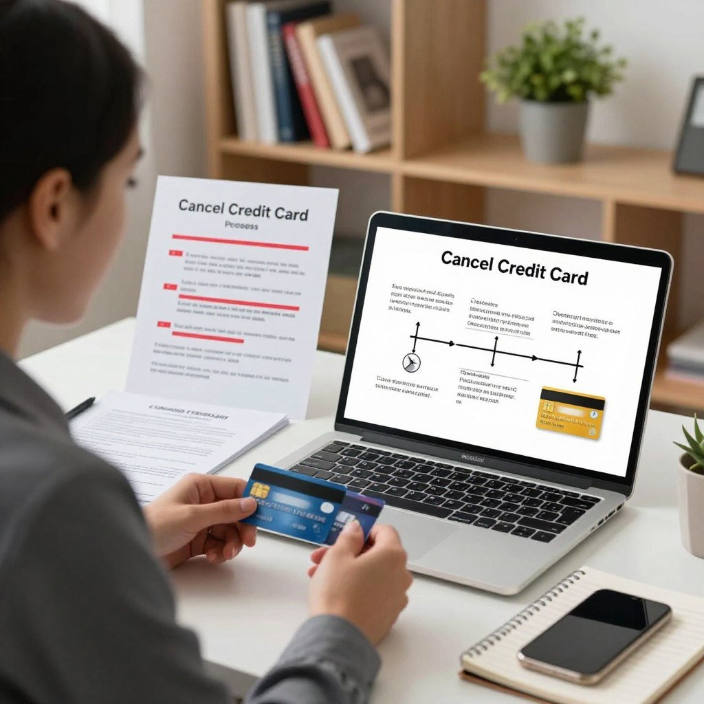A calm and organized office environment depicting a step-by-step process for canceling a credit card. In the foreground, a person in professional attire, looking focused and knowledgeable, is sitting at a desk with a laptop open, showing a stepwise guide on the screen. On the desk, there are credit cards, a notepad, and a smartphone. In the middle ground, we see printed documents with common mistakes highlighted in red, emphasizing errors to avoid during the cancellation process. The background features a bookshelf filled with financial books and a potted plant, creating an inviting and informative atmosphere. The lighting is soft yet bright, simulating a friendly work setting. The overall mood is motivational and educational, encouraging proper decision-making.