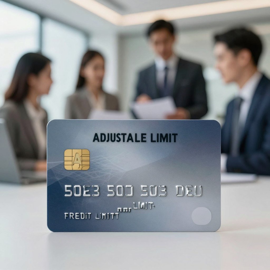 A close-up image of a contemporary credit card with a sleek, adjustable limit feature graphic displayed prominently on its surface. The card should have a metallic finish, showcasing a gradient of blue and silver colors, reflecting a modern and tech-savvy vibe. In the background, a blurred scene of an elegant office environment with soft, diffused lighting to enhance the card's prominence. Stylish business professionals in the background dressed in smart attire, engaged in a discussion over financial documents, hinting at the concept of financial growth. The atmosphere should feel optimistic and professional, highlighting the theme of flexibility in credit limits. Use a shallow depth of field to focus on the card while keeping the background slightly softened.