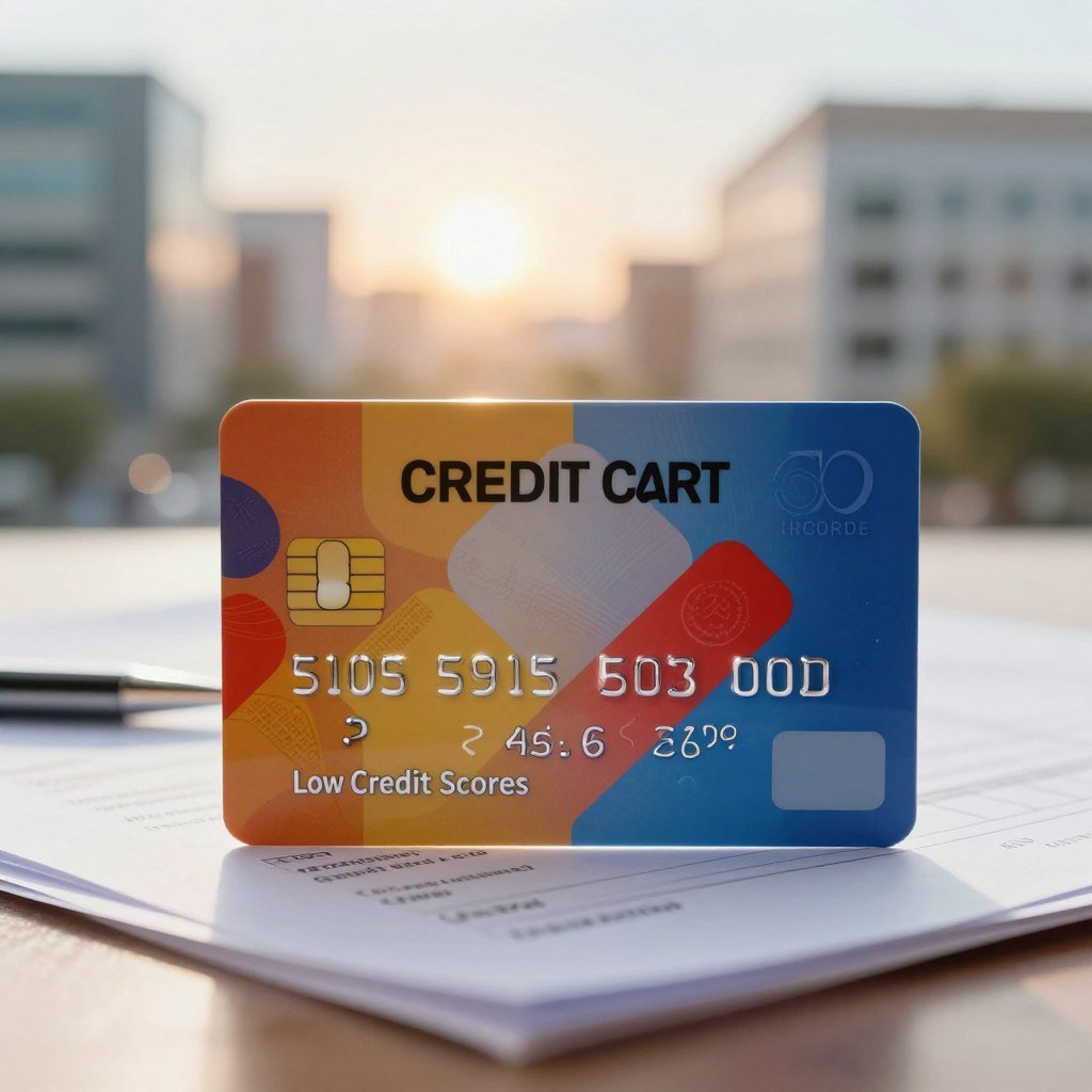 A close-up image of a credit card designed for individuals with low credit scores and no income verification, prominently displayed in the foreground. The card should have a unique, modern design featuring vibrant colors and minimalist patterns, symbolizing accessibility and opportunity. In the middle, subtly blurred, a stack of financial documents, such as bills or credit statements, hints at financial challenges. The background showcases a soft-focus urban environment with office buildings and a bright, hopeful sky, creating an atmosphere of financial empowerment. The lighting should be warm and inviting, with a focus on the credit card, while capturing the optimism of individuals striving for better financial options. The composition should suggest a sense of trust and possibility.