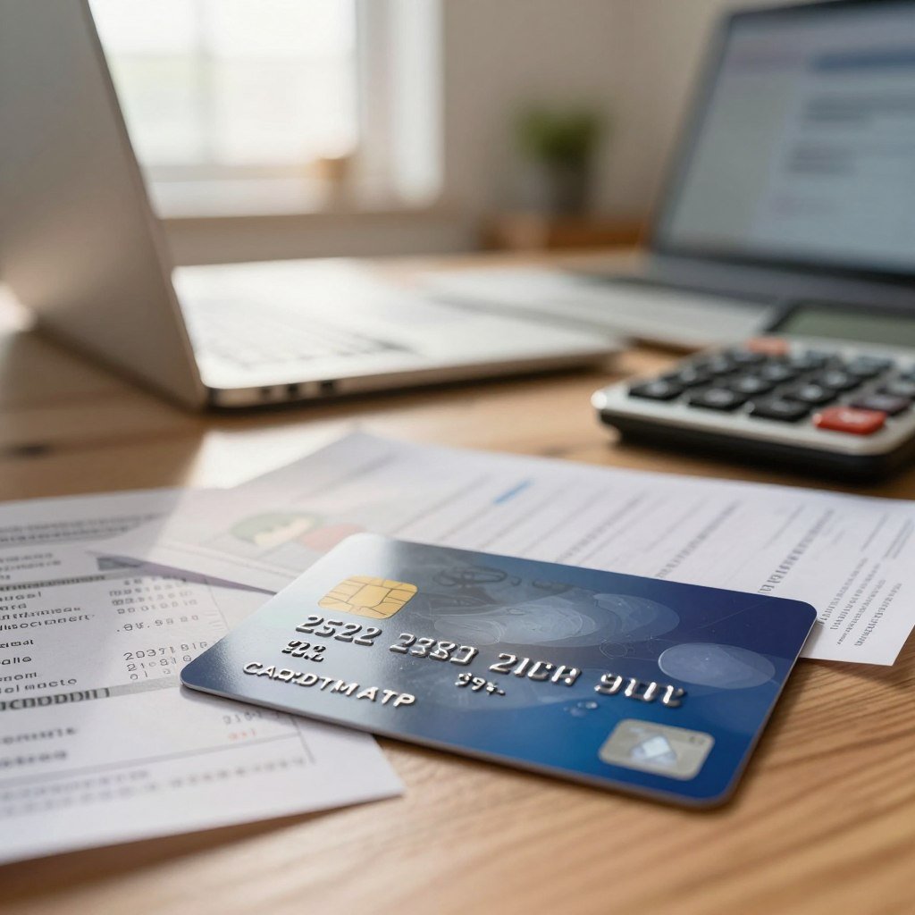 A close-up of a credit card with visible details like embossed numbers and a sleek design, set on a wooden table amidst scattered receipts symbolizing monthly payments. The background softly blurs to reveal a cozy, well-lit home office with a laptop and a calculator, indicating financial planning. Gentle natural daylight filters in, creating a warm ambiance that suggests a calm yet focused atmosphere. Subtle lens flare adds to the inviting feel. The overall mood should reflect caution and responsibility, highlighting the concept of managing credit wisely. There are no people in the image, ensuring the focus remains entirely on the credit card and the associated financial items.