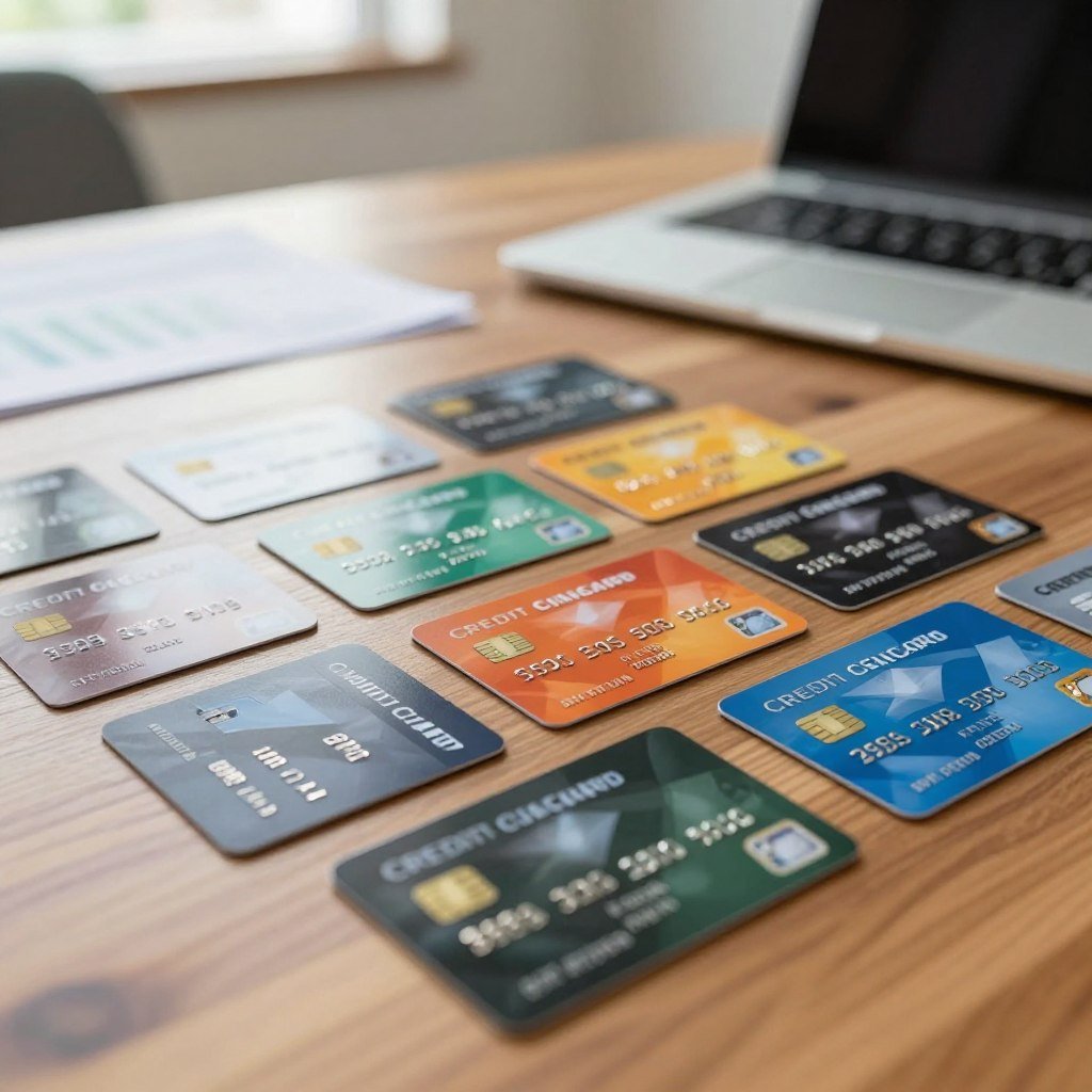 A close-up of a diverse group of credit cards designed specifically for individuals with a negative credit history, arranged neatly on a polished wooden table. The cards vary in color and design, showcasing modern graphics that imply security and fast approval. In the background, soft-focus images of an office setting with a warm, inviting atmosphere, perhaps including a laptop and paperwork to suggest financial planning. The lighting is bright and natural, suggesting a feeling of optimism and protection. Ensure the scene embodies professionalism, with no people present, focusing solely on the credit cards that symbolize new opportunities for financial management.