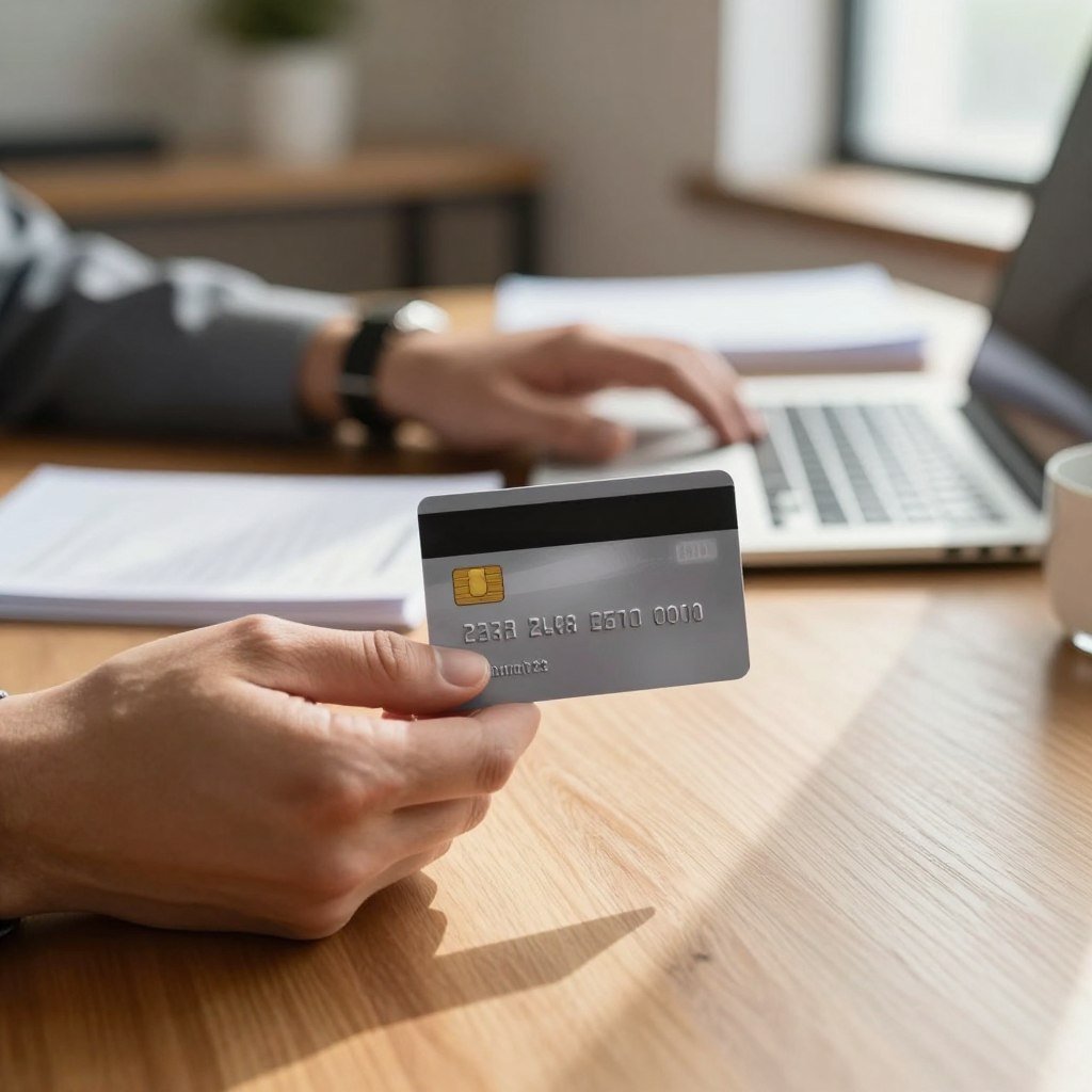 A close-up of a hand holding a credit card with a sleek, modern design, placed against a polished wooden table. The background softly blurs to reveal a warm, inviting home office setting, with a laptop and stacks of bills in the out-of-focus area, suggesting financial management. Natural daylight streams through a window, casting gentle shadows, creating a calm and professional atmosphere. The hand should be wearing a simple watch, dressed in smart-casual attire, emphasizing the theme of accessibility. Ensure no visible logos on the card. Capture this scene from an angle that highlights the credit card prominently, while remaining clear and uncluttered.