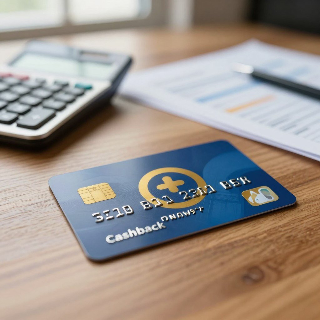 A close-up of a sleek, modern credit card placed prominently on a wooden desk surface, showcasing a vibrant cashback symbol. The card should have an elegant design with a blue and gold color scheme, reflecting sophistication. In the background, out-of-focus elements like a calculator and financial documents create a subtle office environment, hinting at financial planning. Soft natural light filters through a nearby window, creating a warm and inviting atmosphere. The scene is shot from a slightly elevated angle, emphasizing the card in the foreground while maintaining a professional, business-like mood suitable for a financial article. A close-up of a sleek, modern credit card placed prominently on a wooden desk surface, showcasing a vibrant cashback symbol. The card should have an elegant design with a blue and gold color scheme, reflecting sophistication. In the background, out-of-focus elements like a calculator and financial documents create a subtle office environment, hinting at financial planning. Soft natural light filters through a nearby window, creating a warm and inviting atmosphere. The scene is shot from a slightly elevated angle, emphasizing the card in the foreground while maintaining a professional, business-like mood suitable for a financial article.