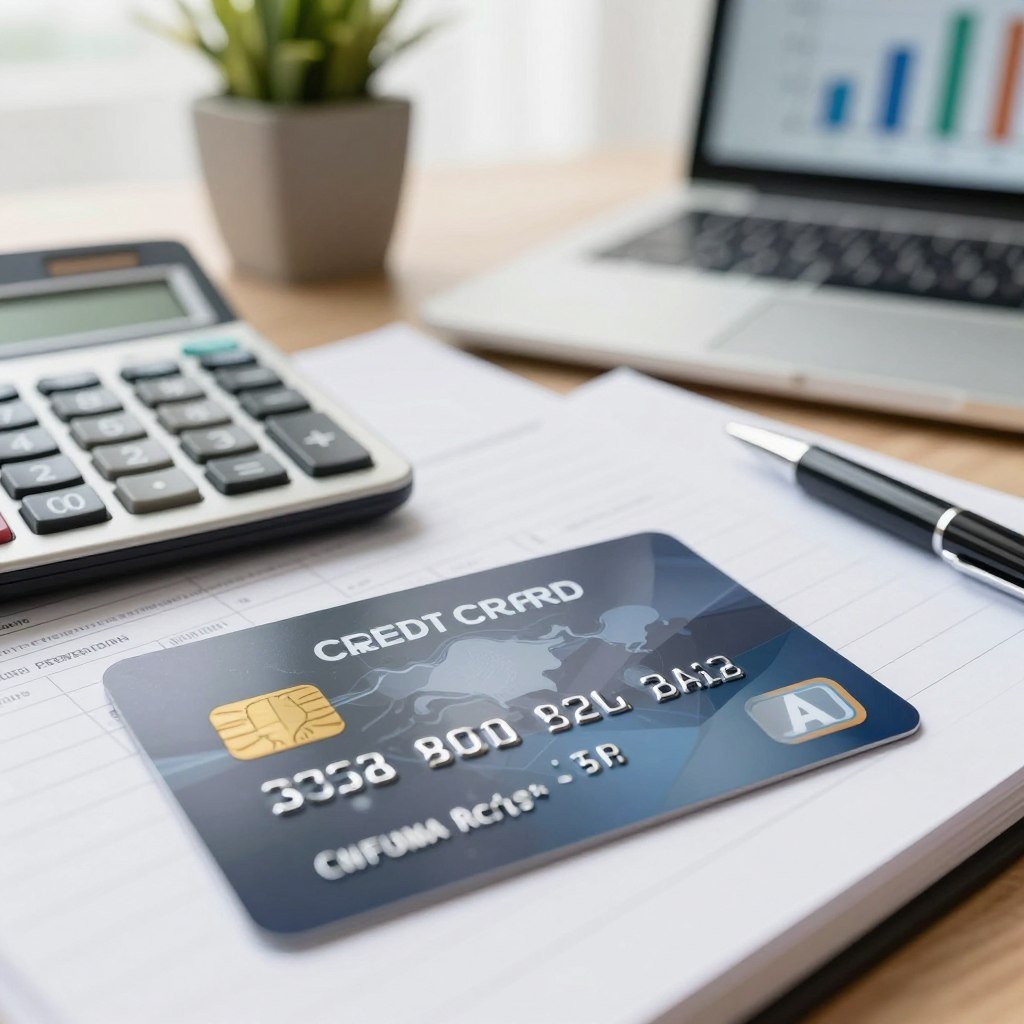 A close-up, professional setting depicting a credit card with a detailed view of its limit displayed prominently. In the foreground, the card should have a sleek and modern design, emphasizing luxury and financial responsibility. In the middle ground, a calculator and a notepad filled with neatly organized financial notes hint at budgeting and smart spending habits. In the background, softly blurred, there are symbols of financial stability, like a small potted plant and a laptop displaying graphs. Bright, natural lighting creates an optimistic and encouraging atmosphere, suggesting financial empowerment. The composition is focused and clean, with an elegant depth of field to draw attention to the credit card and the tools for financial management.