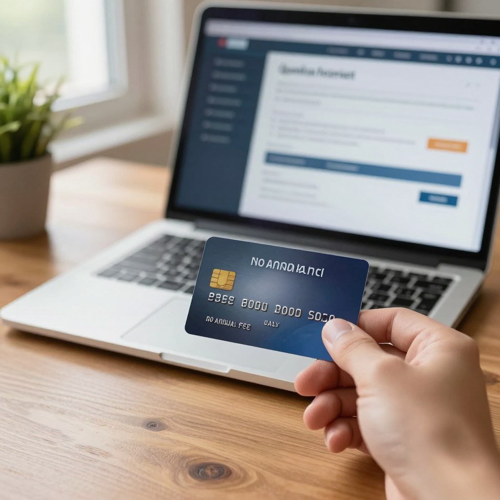 A close-up shot of a hand holding a sleek, modern credit card with no annual fee, set against a polished wooden table. In the background, a laptop displays financial graphics and quick application steps, suggesting an easy approval process. Soft, natural lighting from a nearby window casts a warm glow, enhancing the inviting atmosphere. The foreground features a small plant beside the laptop, adding a touch of freshness to the scene. The overall mood is optimistic and professional, embodying a sense of empowerment and financial freedom. The composition focuses on the card and application process, making it visually intuitive without any text or distractions. The angle captures both the card and the digital application screen in one harmonious frame.